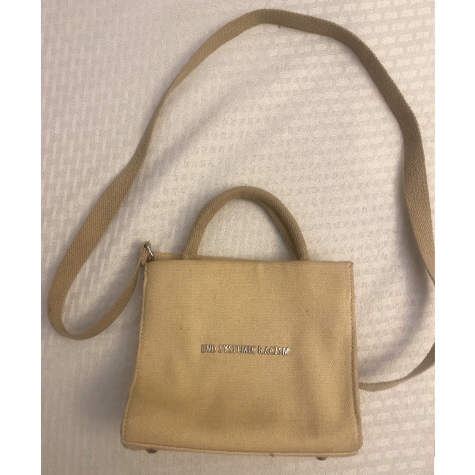 Brandon Blackwood Brandon Blackwood End Systemic Racism Tan Cream Canvas Mini Tote Bag Crossbody Mini Bag Womens Size ONE SIZE - 2 Thumbnail