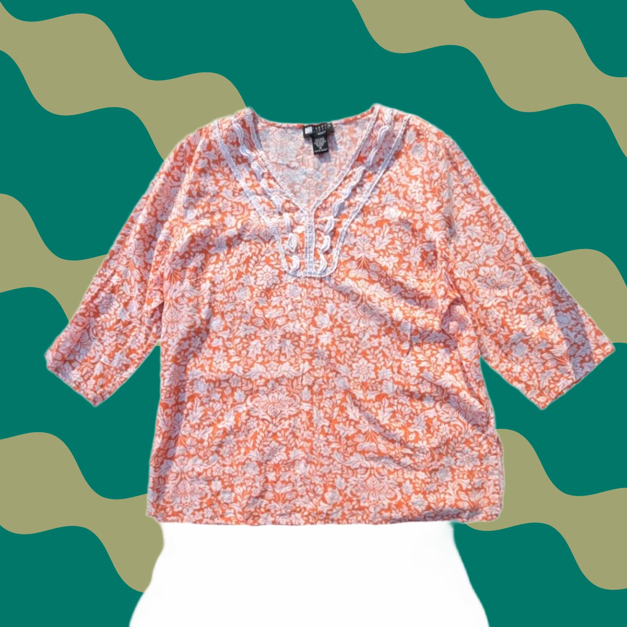 Vintage VINTAGE Carole Little Orange White Floral Top Women's 1X Linen Blend Size XL / US 12-14 / IT 48-50 - 1 Thumbnail