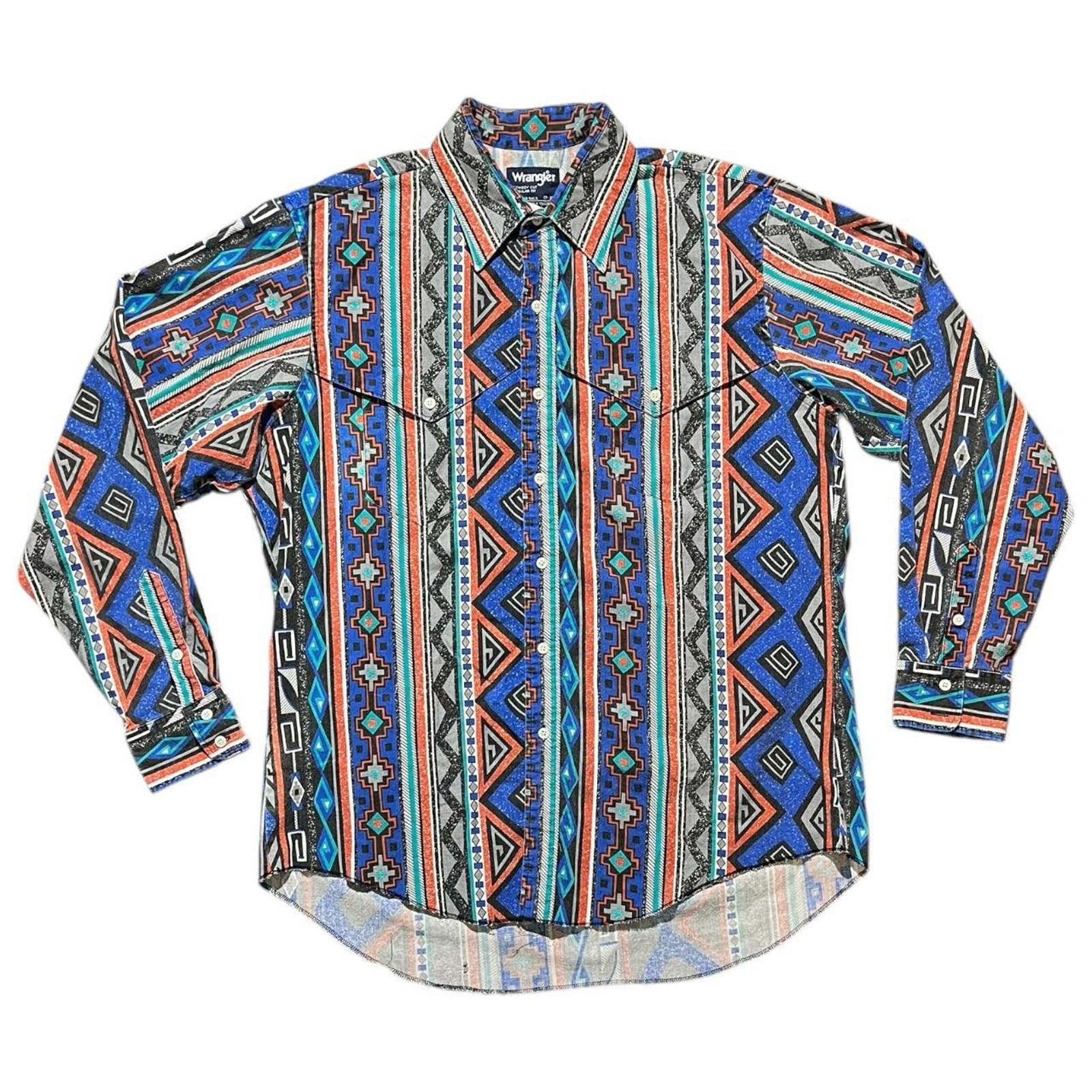 Wrangler Vintage Wrangler Blue Aztec Western Brushpopper Rodeo Shirt Size US XL / EU 56 / 4 - 1 Thumbnail