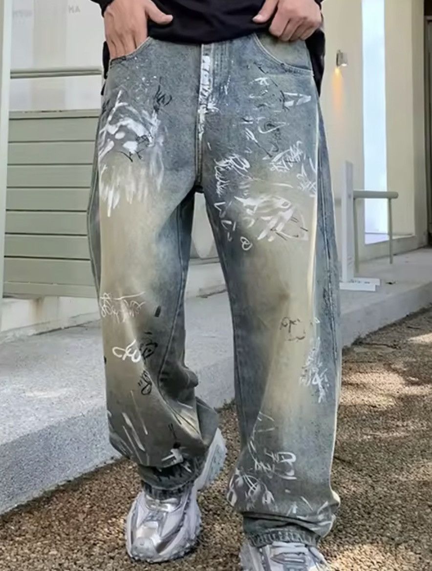 Jean Graffiti-Print Wide-Leg Denim Pants | Oversized Streetwear Size US 27 - 4 Thumbnail