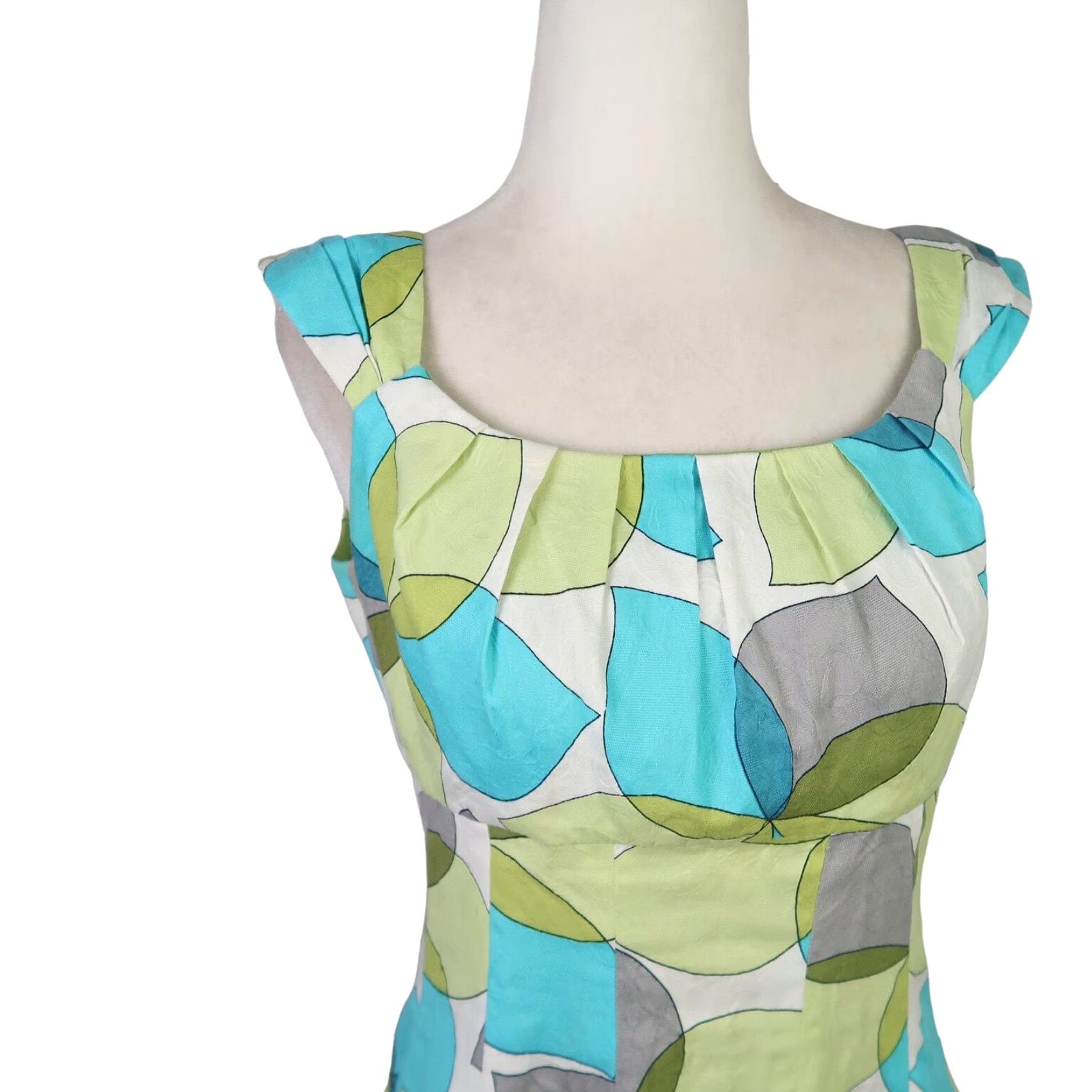 MAGGY LONDON VINTAGE Maggy London A-Line Dress Sleeveless 6 Women Green Cream Blue Abstract Circle Print Knee Length Cotton Pockets 90s Size M / US 6-8 / IT 42-44 - 2 Thumbnail