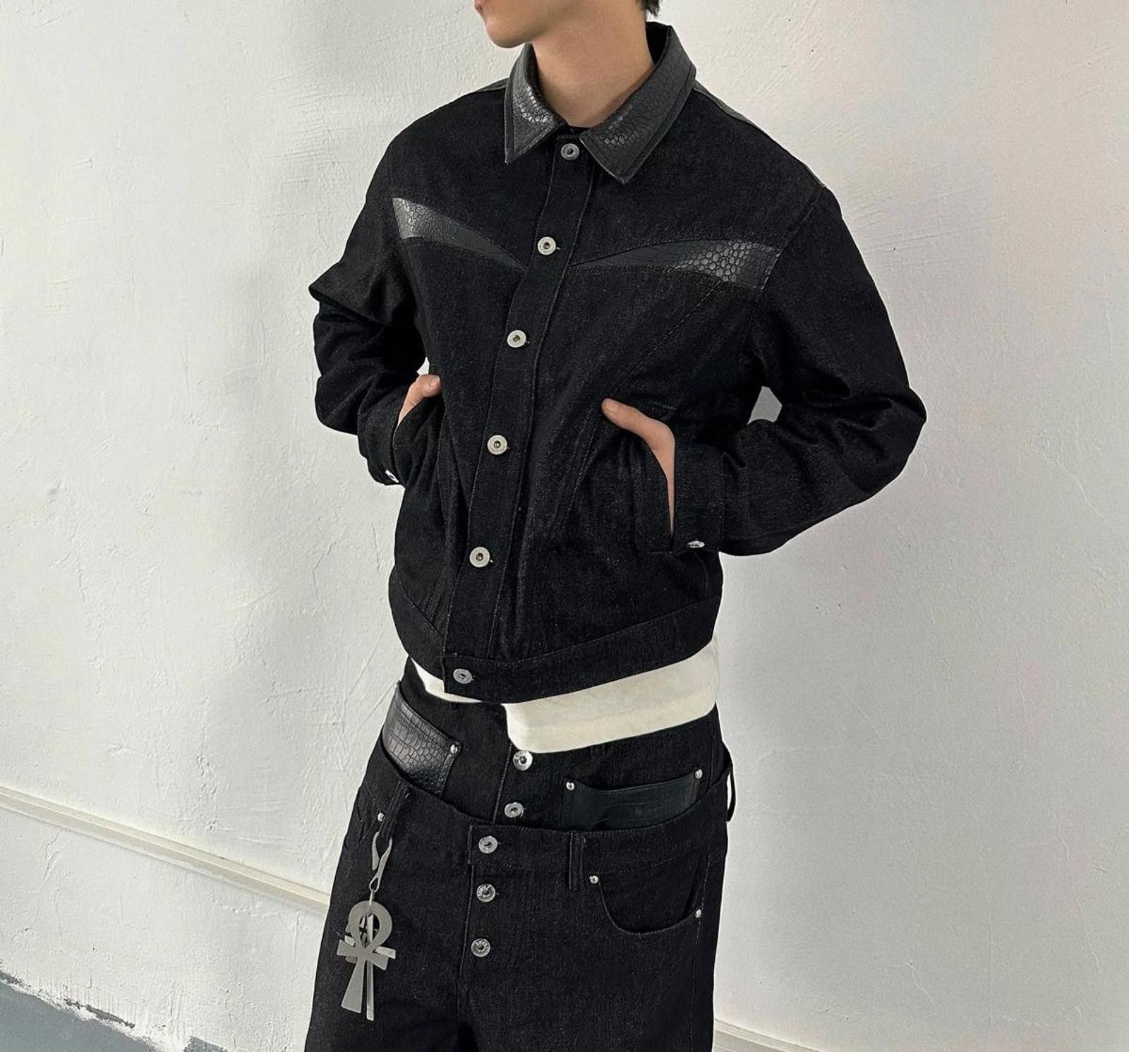 Leather Raw Denim PU-Collar Workwear Jacket | Short Boxy Size US M / EU 48-50 / 2 - 4 Thumbnail