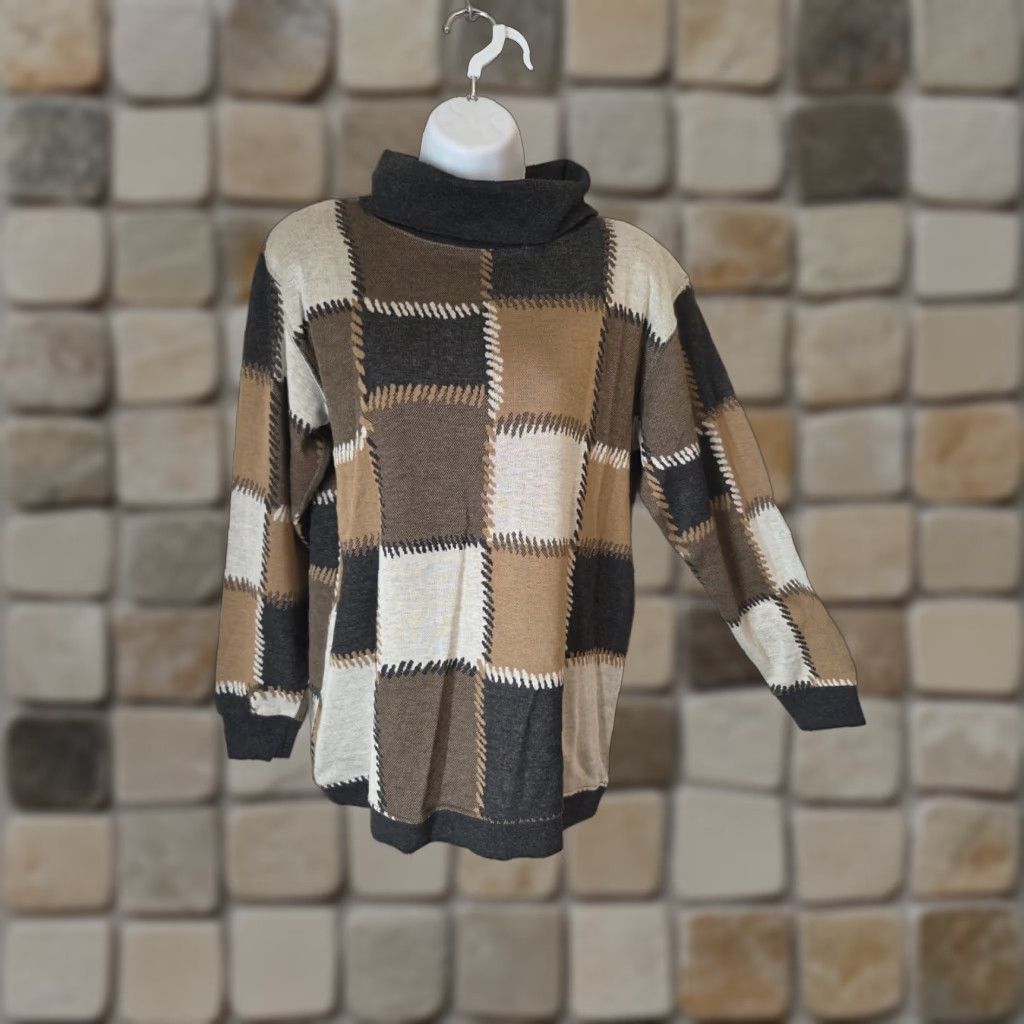 Vintage VINTAGE Cathy Daniels Patchwork Knit Turtleneck Sweater Size S Women Brown White Gray 90s Shoulder Pads Pullover Knit Casual Womens Size S / US 4 / IT 40 - 1 Thumbnail