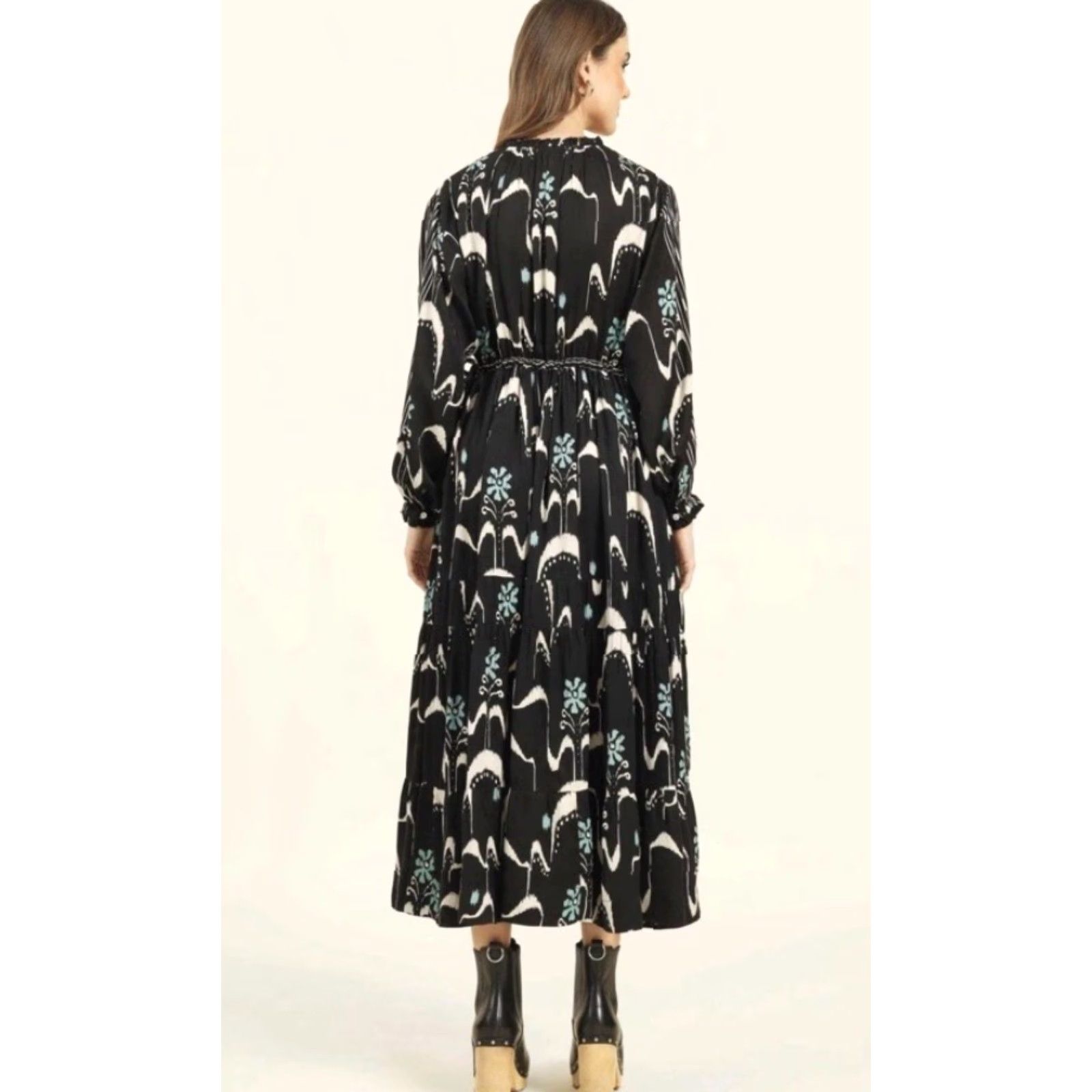 Vintage Omika Misha Midi Dress Patterned Black V-Neck Long Sleeve Hook & Eye Mod al Ruffle Casual Women Sized S EUC Size S / US 4 / IT 40 - 2 Thumbnail