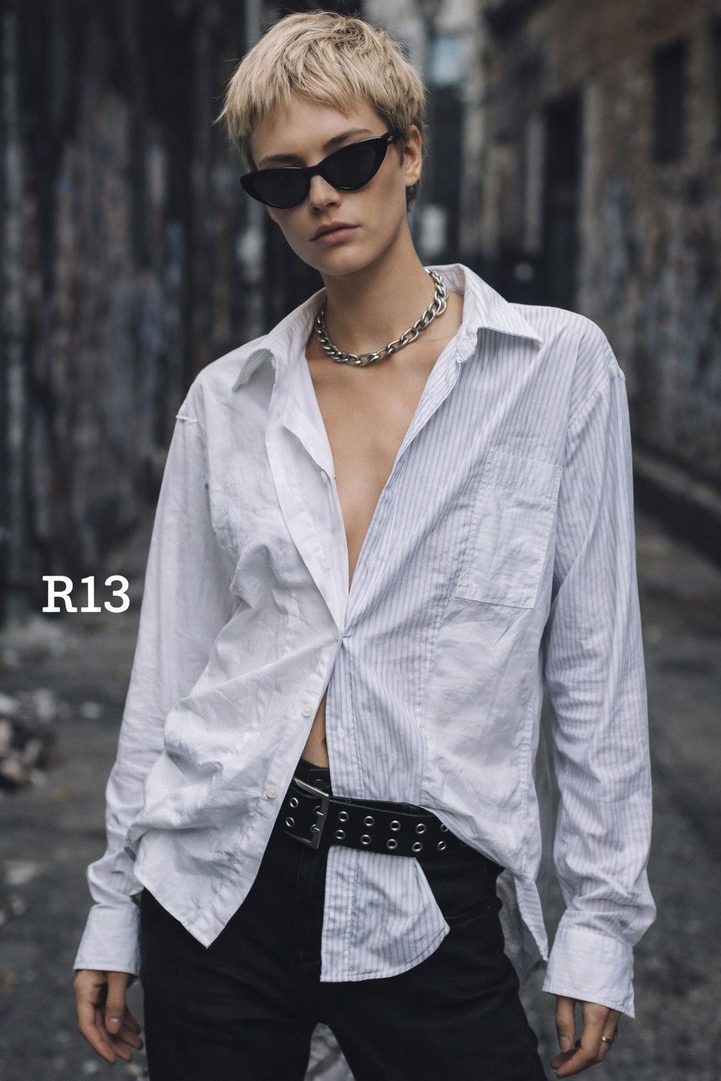 R13 R13 Off-Shoulder Deconstructed Pinstripe Shirt Sz S Size S / US 4 / IT 40 - 1 Thumbnail