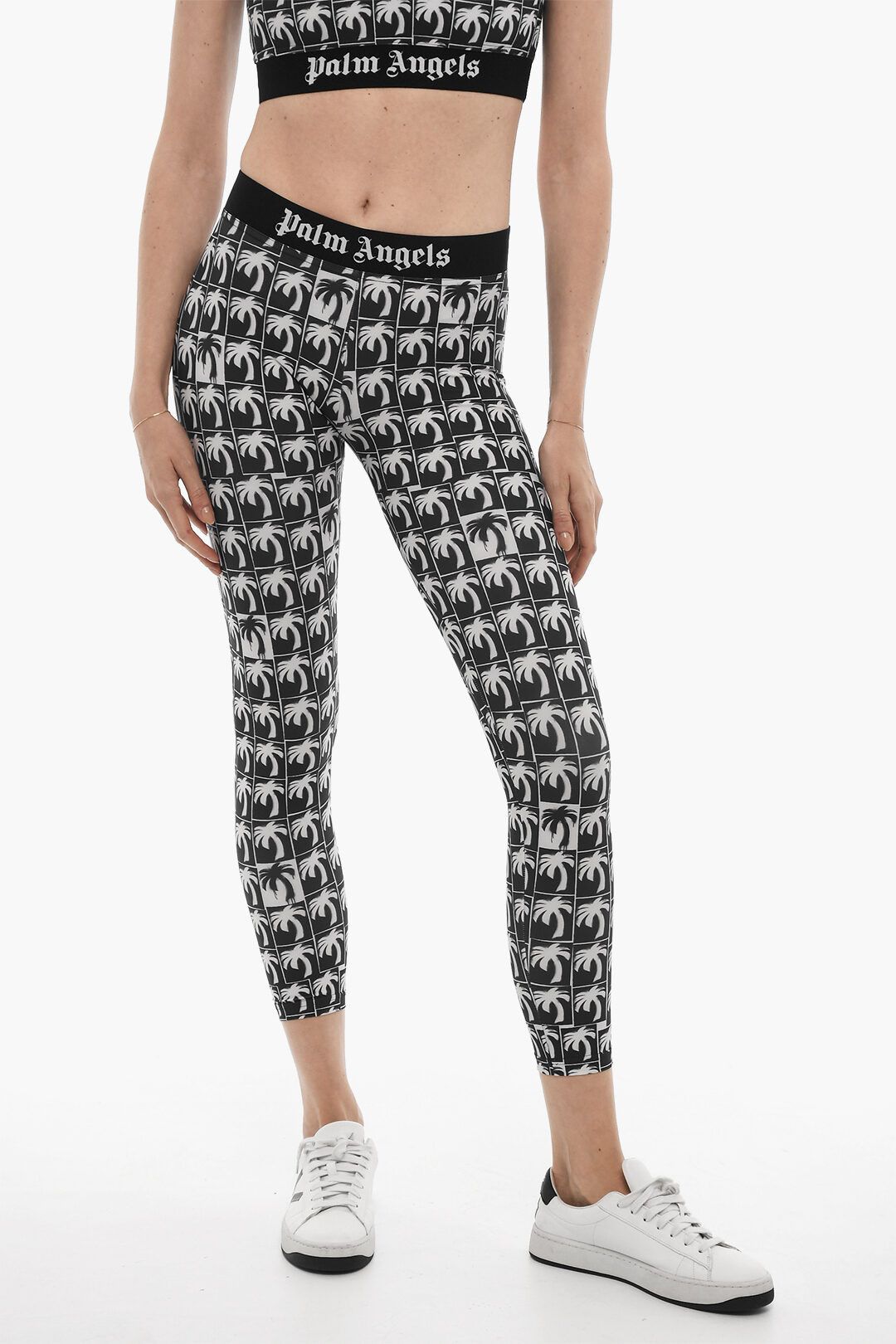 og1mm0724 Stretch Fabric Palm Logo Leggings in Black White