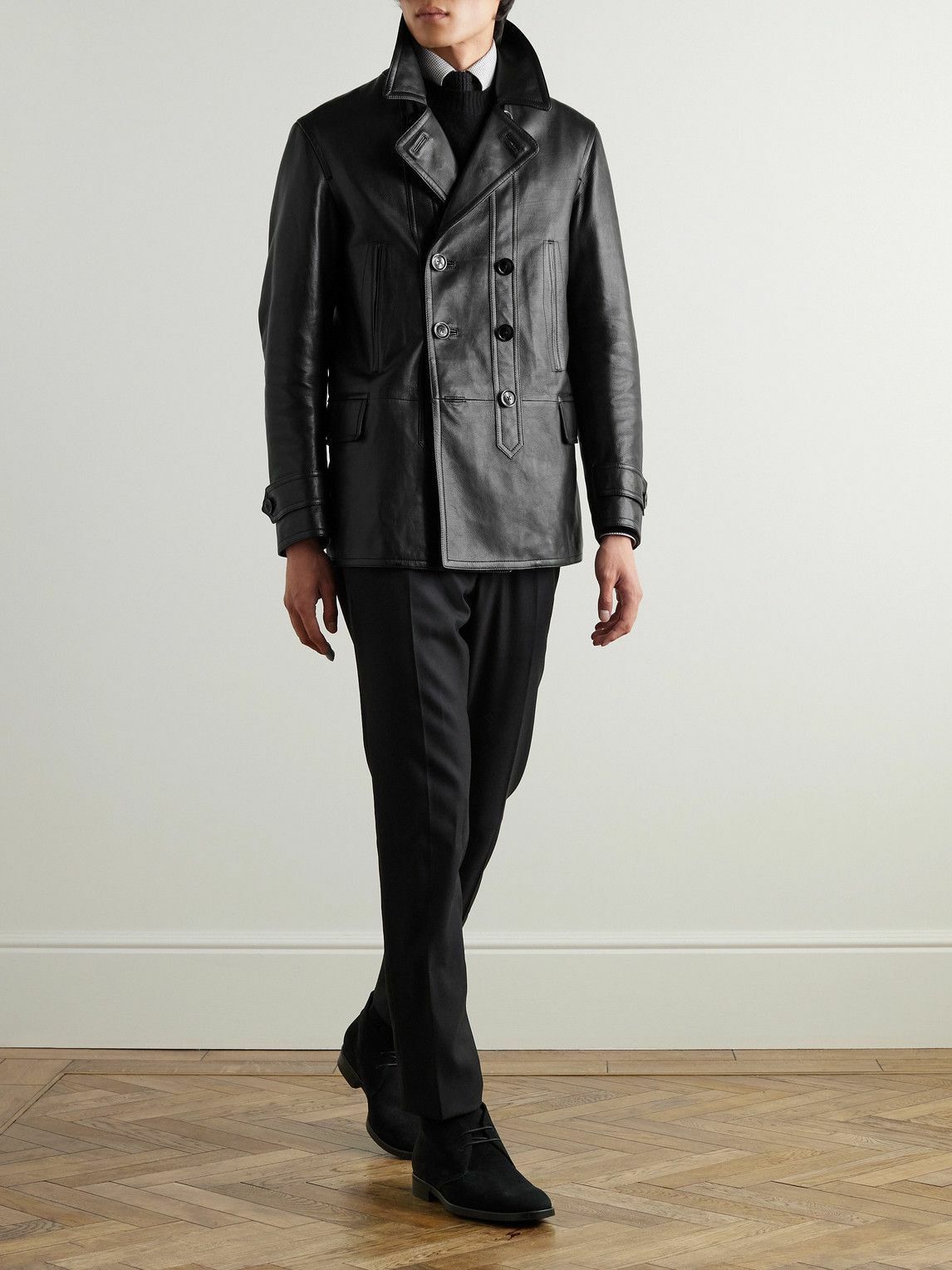 Tom Ford o1w1db10425 TFL675 Leather Peacoat in Black Size US L / EU 52-54 / 3 - 2 Thumbnail