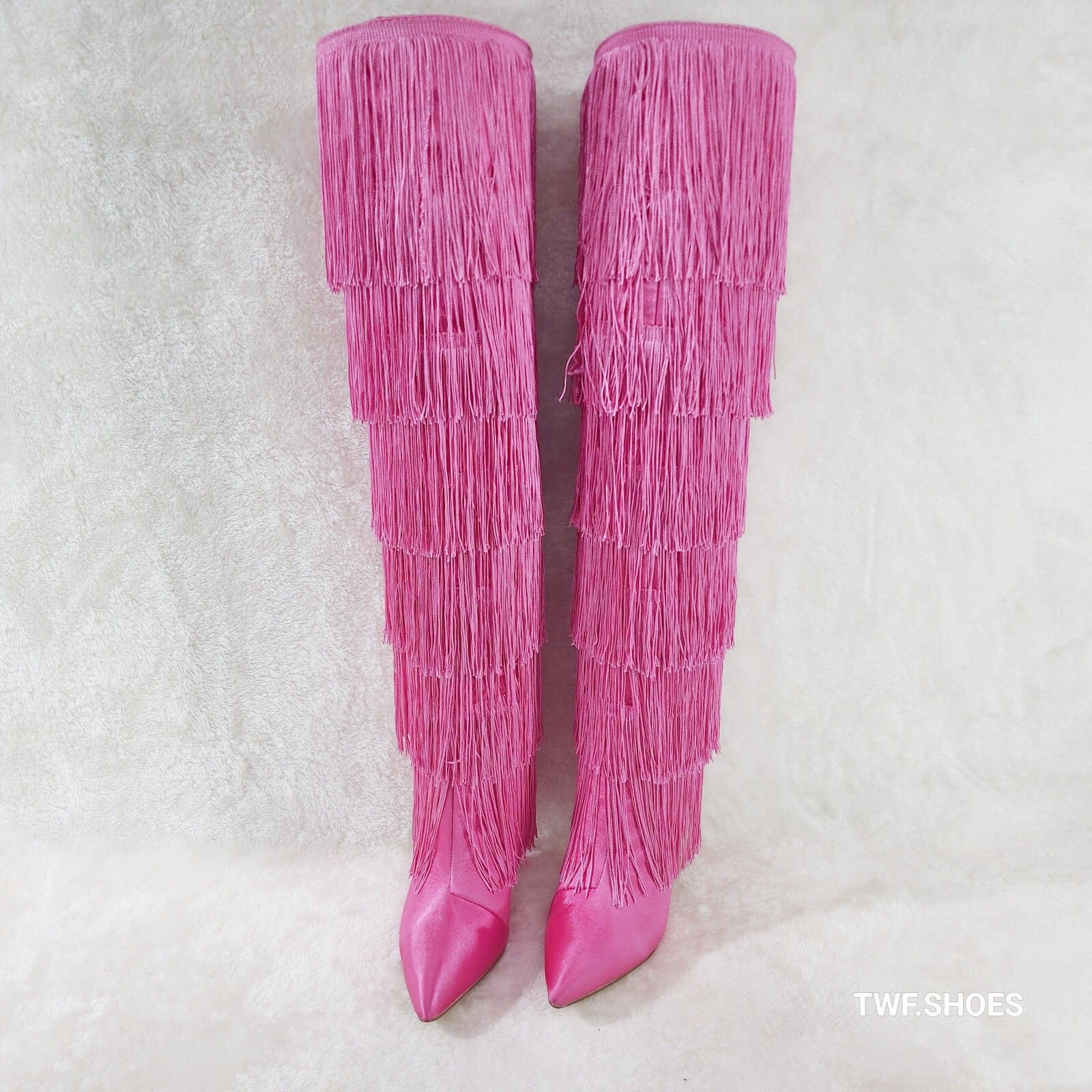 Other Gogo Fringed Thread Tassle OTK Thigh High Pink Satin High He Size US 10 / IT 40 - 5 Thumbnail