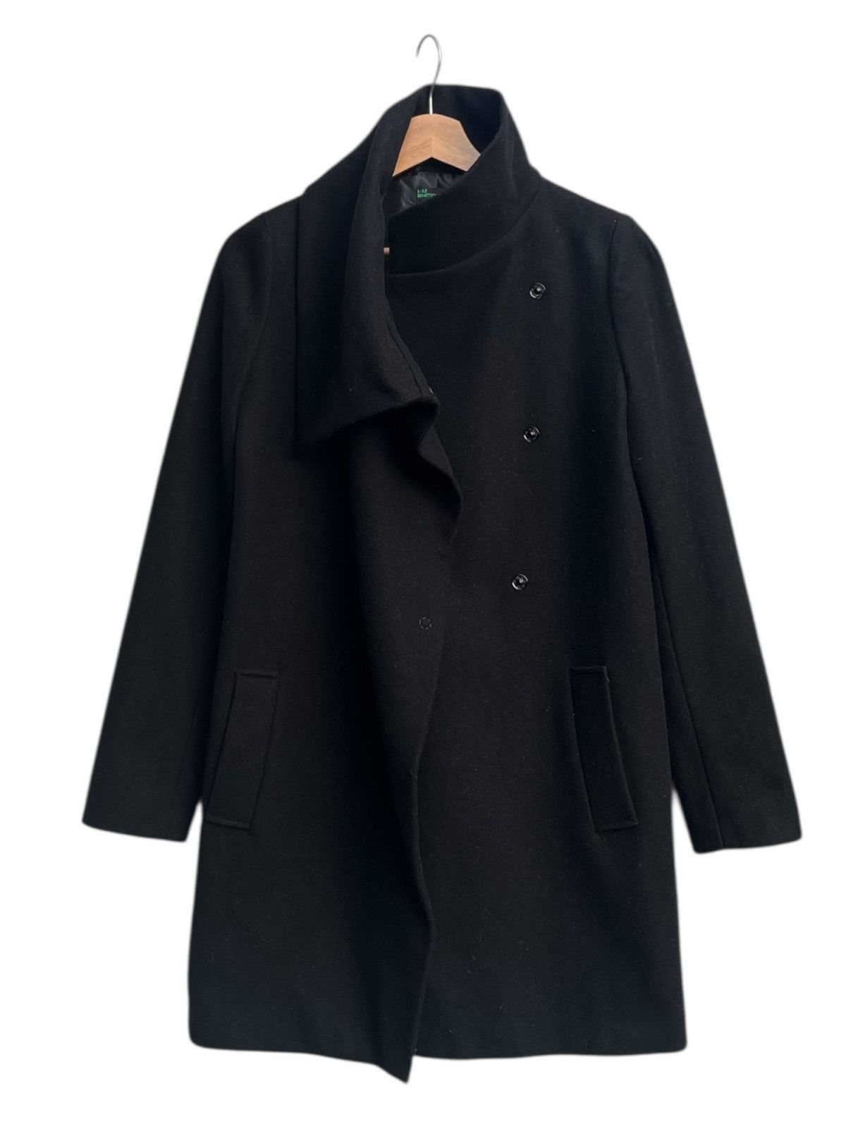United Colors Of Benetton Stile Benetton Asymmetric Wool Wrap Coat Funnel Neck Black Size S / US 4 / IT 40 - 1 Thumbnail