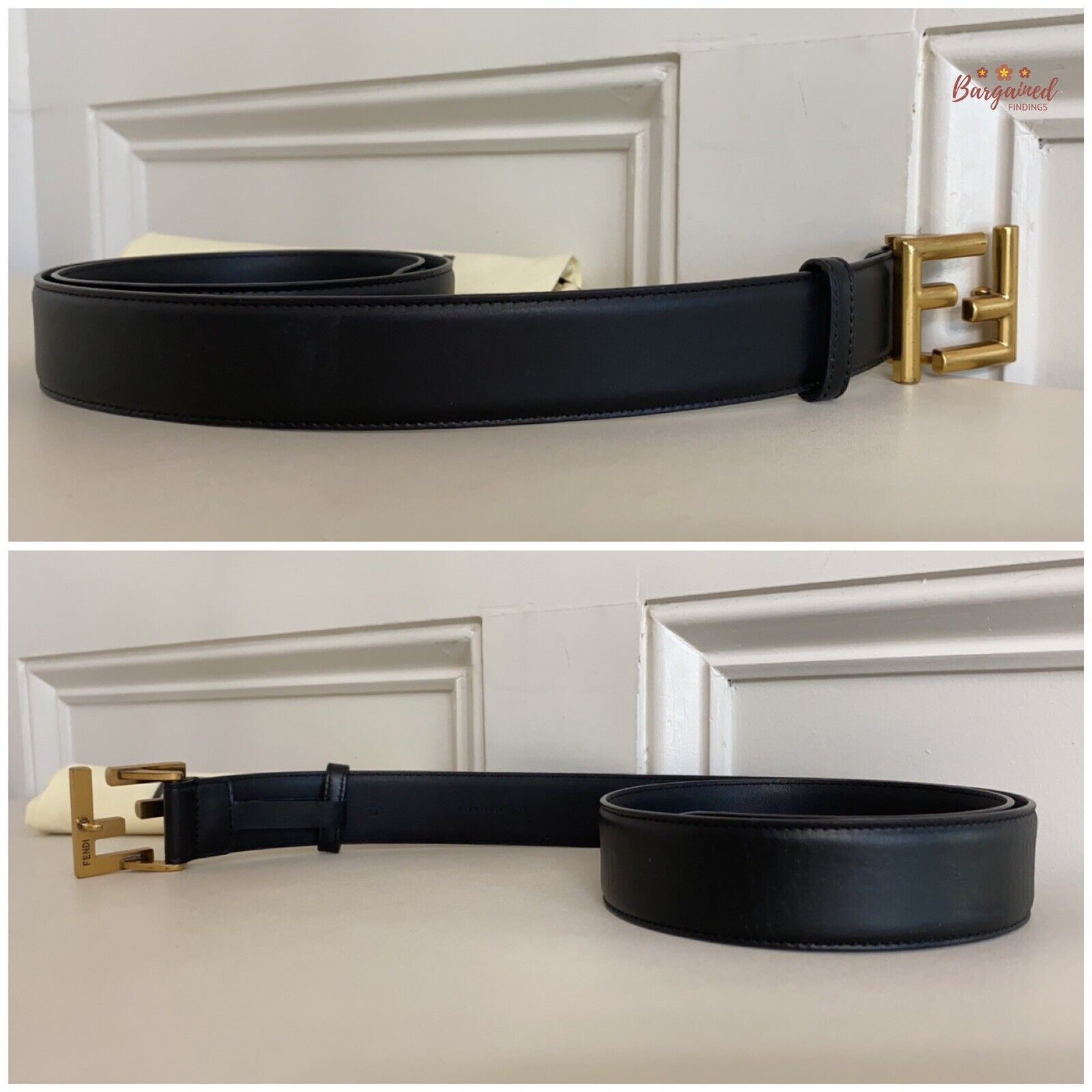 Fendi Fendi Black Calfskin Leather Gold FF Buckle Belt Size 30 - 4 Thumbnail