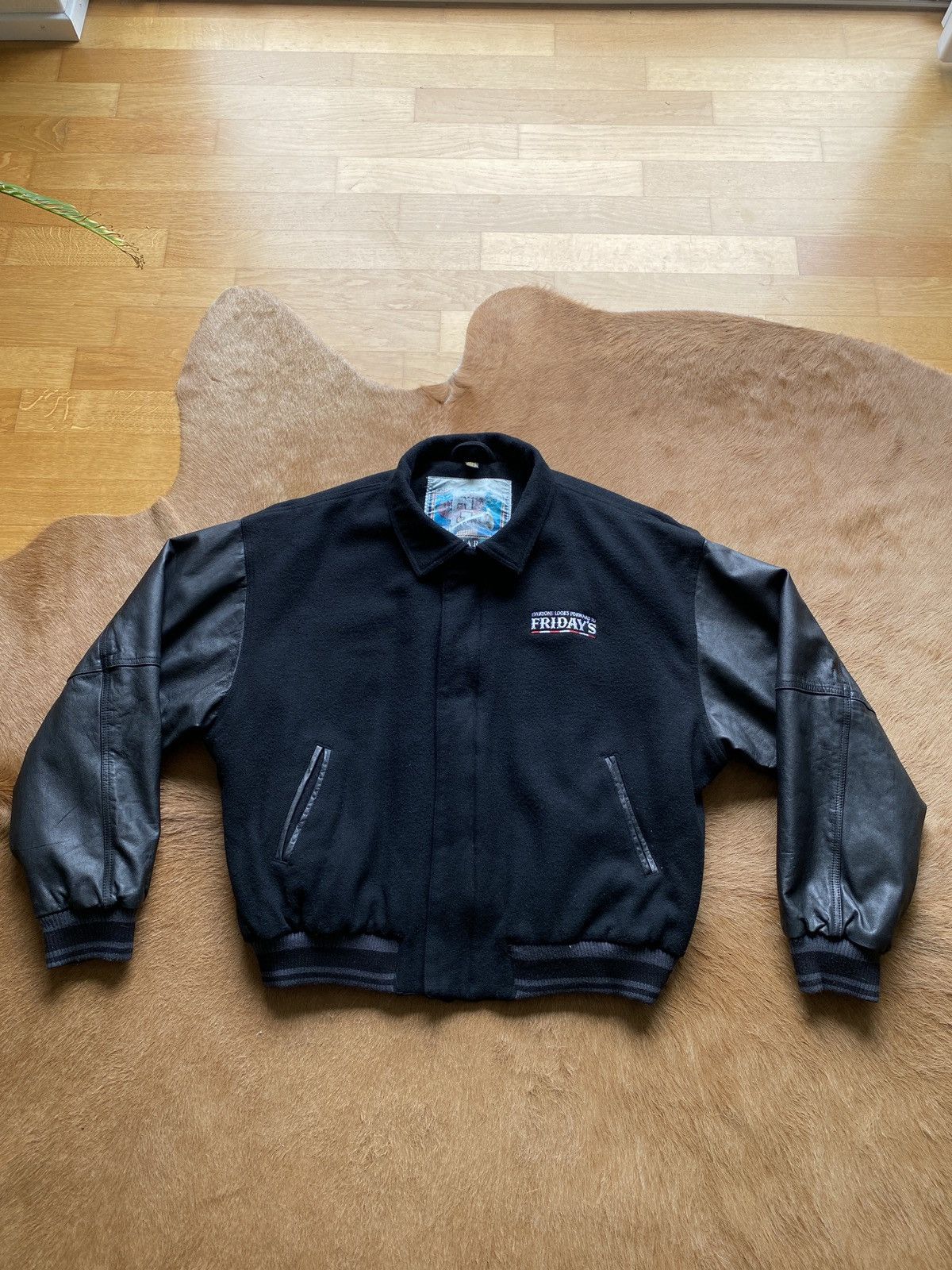 image of Vintage Wool & Leather Bomber Varsity Jacket in Black, Men's (Size XL)