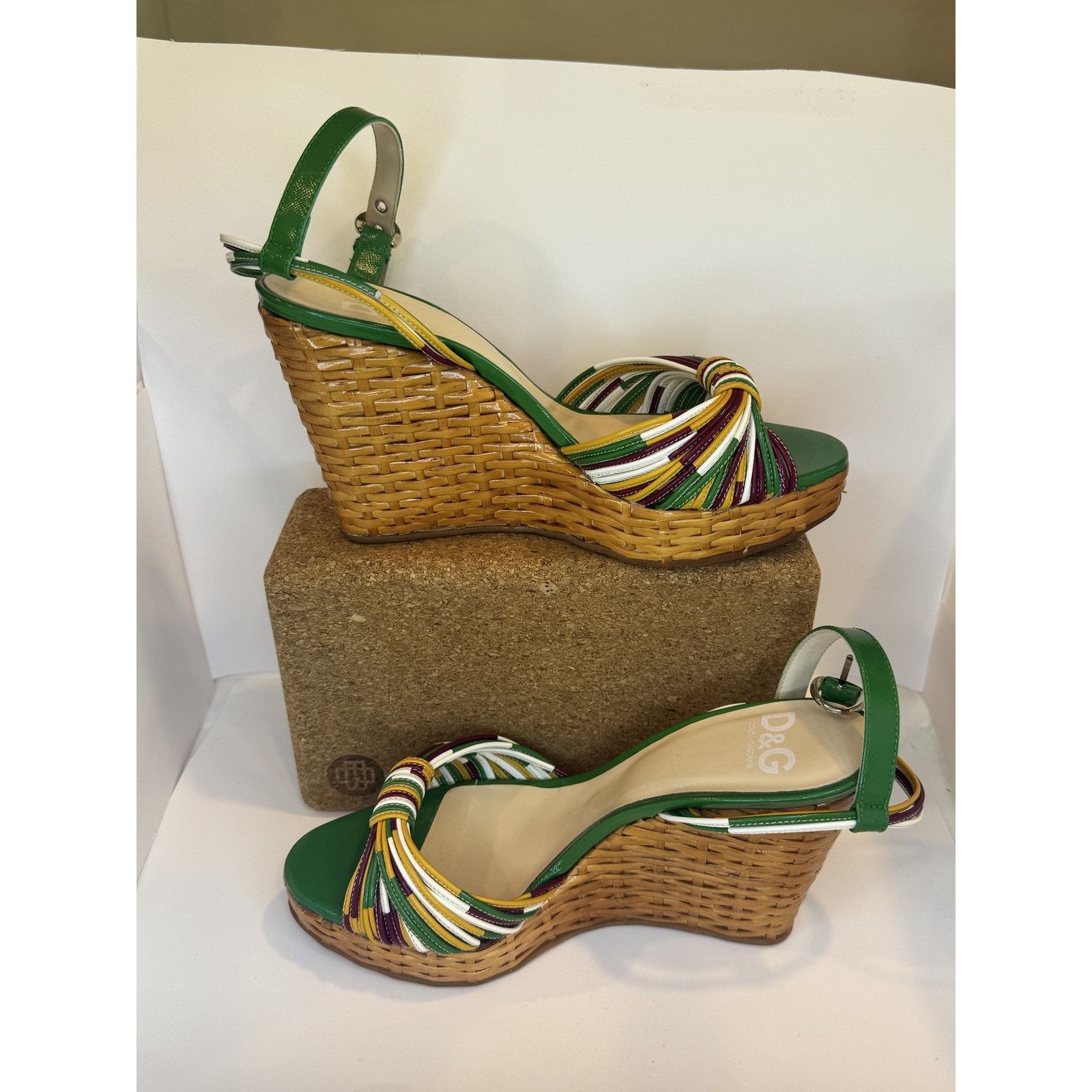 Dolce & Gabbana Dolce & Gabbana Shoes Green Wedge Sandals Raffia Multicolor Size US 8.5 / IT 38.5 - 1 Thumbnail