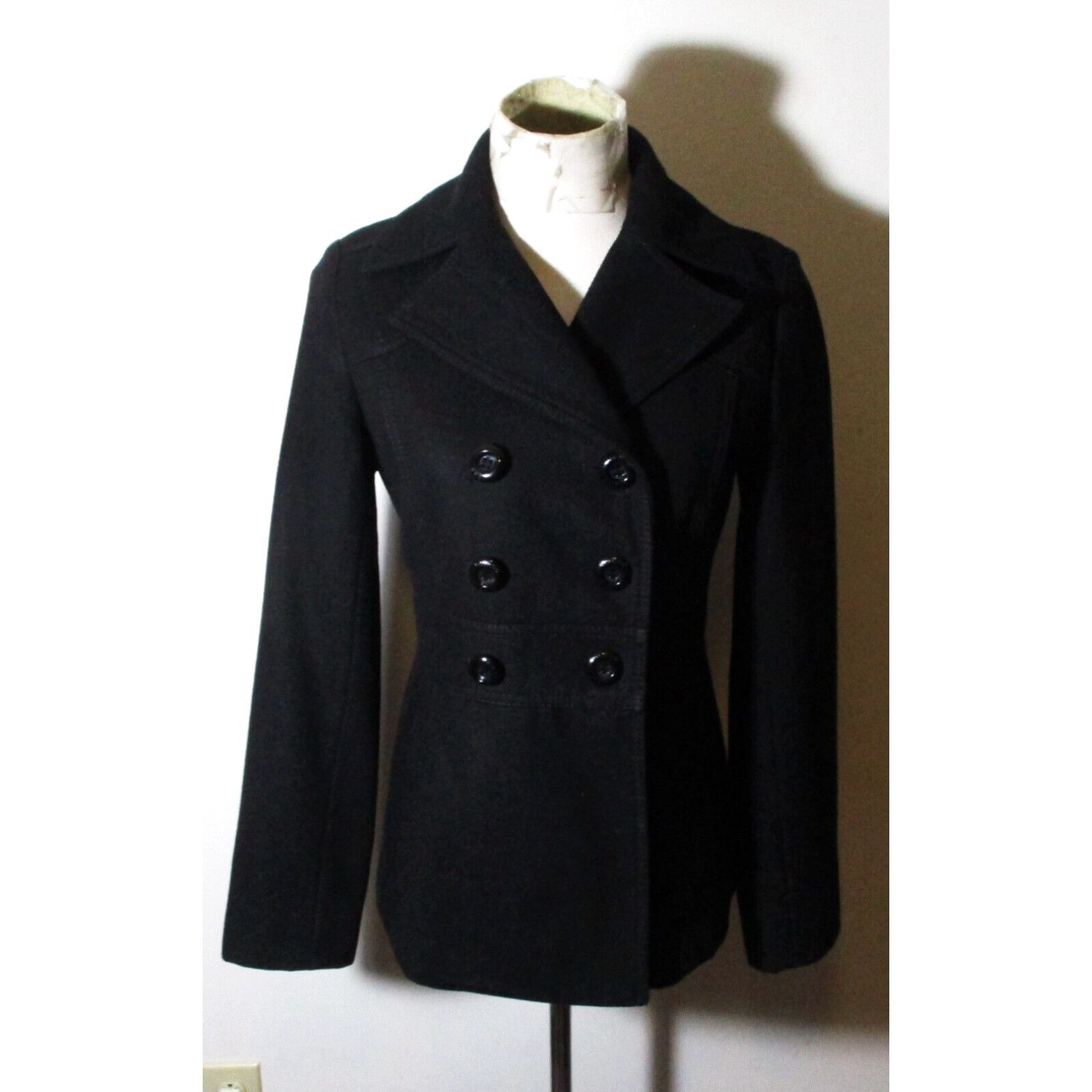 image of Women's Guess Black Wool Double Breasted Peacoat Size S/p in White