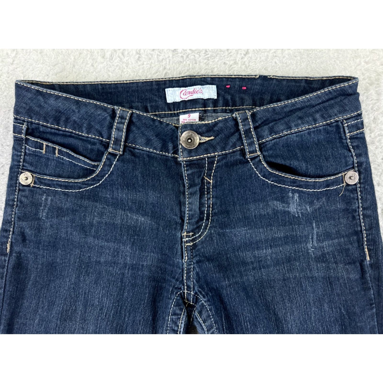 Vintage Candies Jeans Womens 9 Denim Flared Dark Wash 29x30.5 Blue Distressed 5-Pocket Zip Low Rise Regular 30.5in Inseam Vintage? Nolene Size 30" / US 8 / IT 44 - 4 Thumbnail