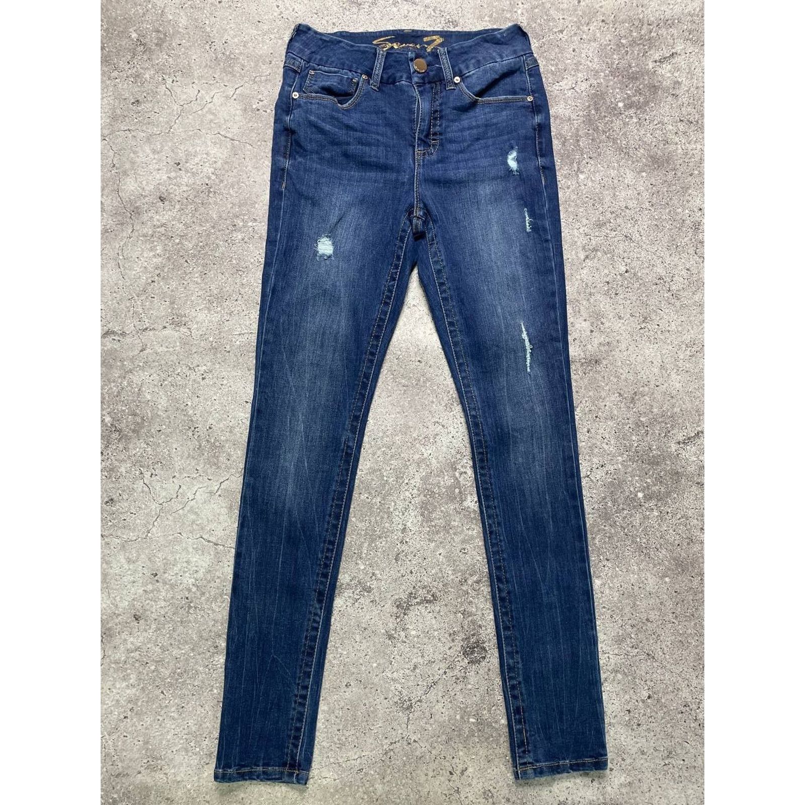 Vintage Vintage Seven7 Skinny Jeans Dark Wash Distressed Size 4 S Size 28" / US 6 / IT 42 - 2 Thumbnail