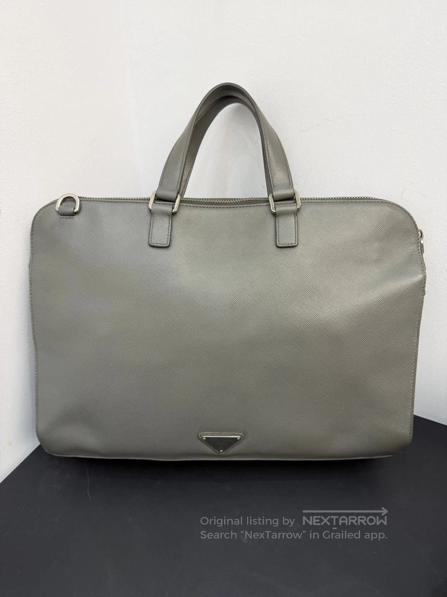 Prada Men's Gray Cross-Grain Leather Briefcase.