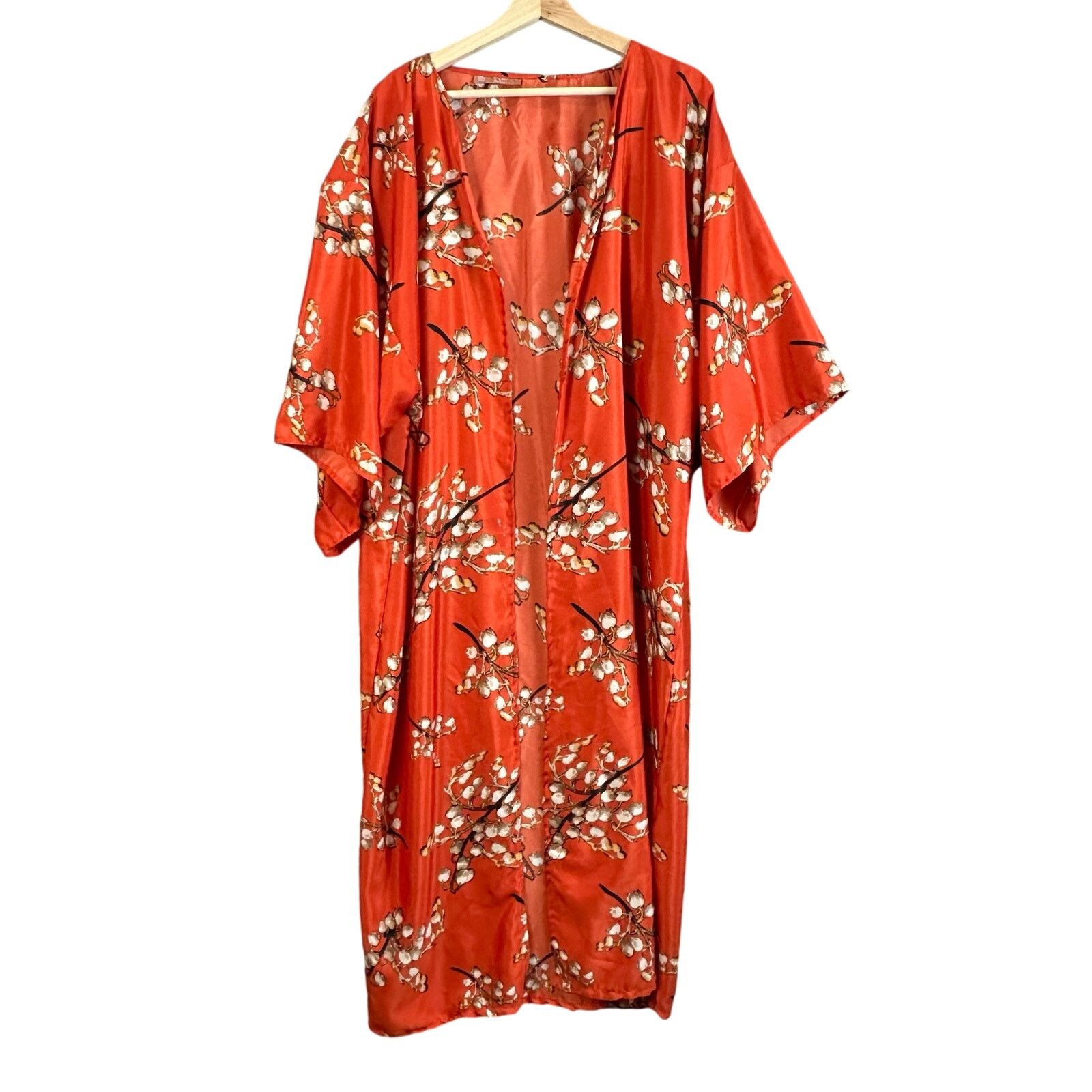 Other Last Lust Fifi Kay Red Floral Lily Valley Satin Kimono Robe Size ONE SIZE - 1 Thumbnail