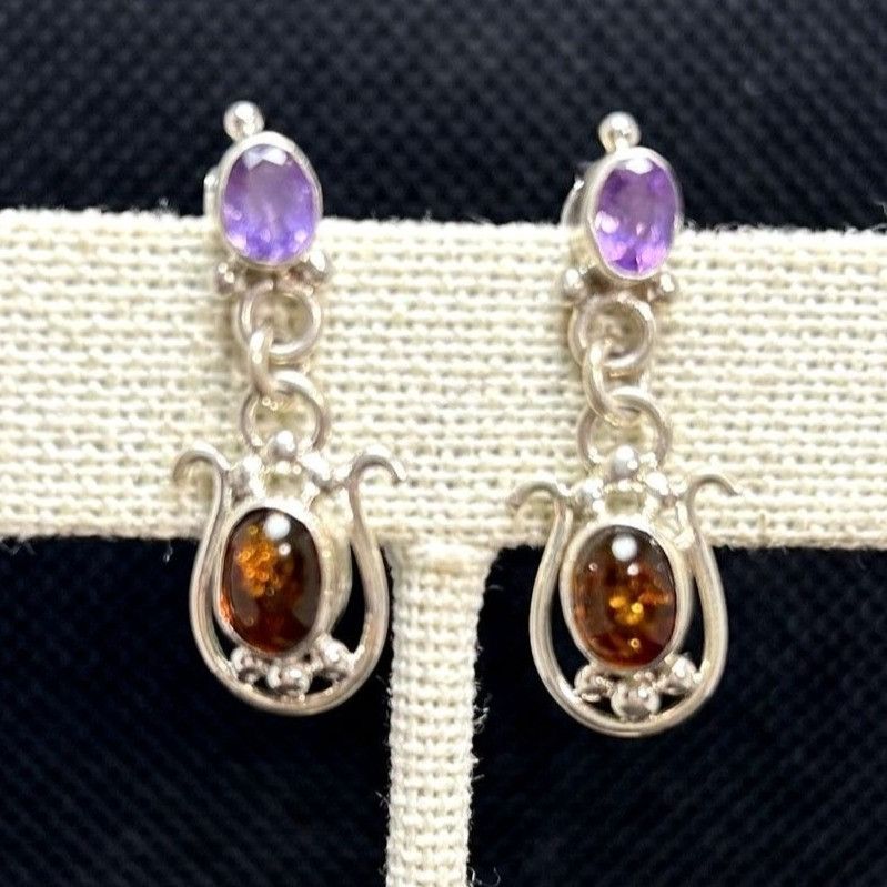 Vintage Sterling Silver 925 Amber & Amethyst Dangle Earrings Scroll Size ONE SIZE - 1 Thumbnail
