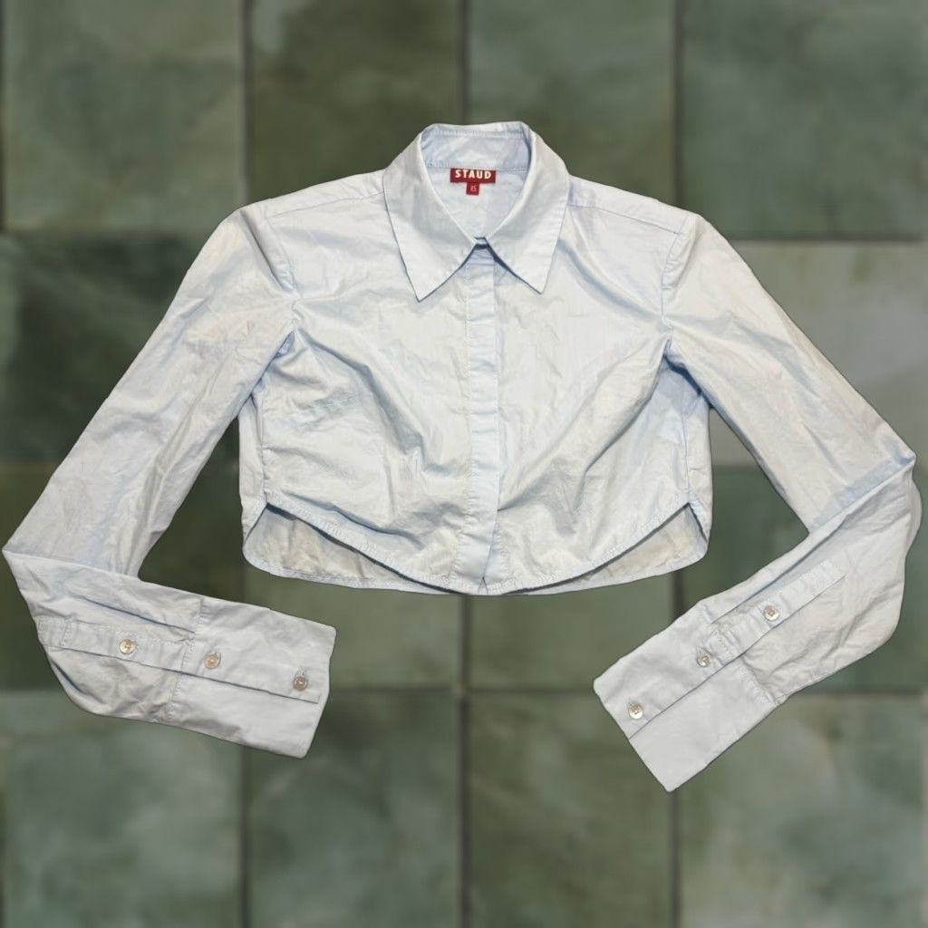 Staud STAUD Boxy Cropped Long Sleeve Button-Up Collared Top XS Women Blue Size XS / US 0-2 / IT 36-38 - 1 Thumbnail