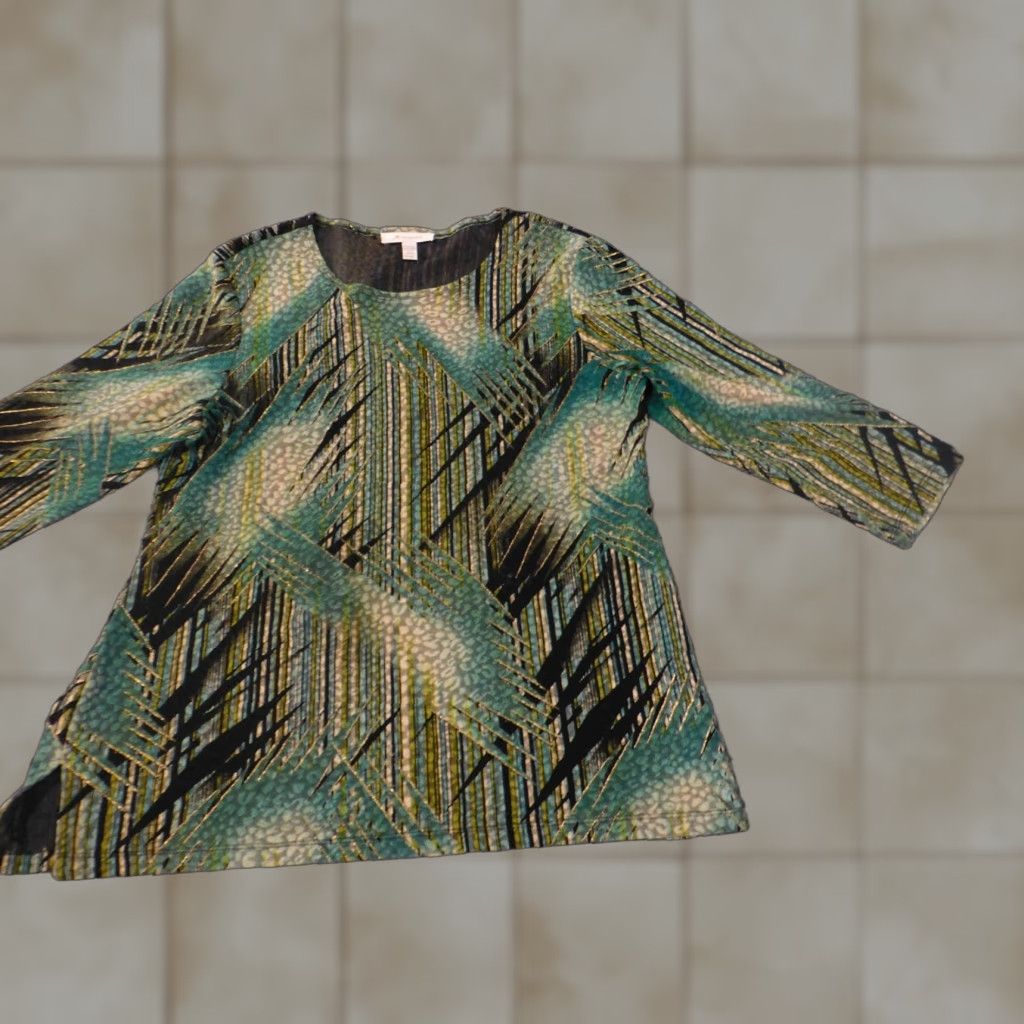 JM Collection JM Collection Blouse Shirt Womens Regular Stretch Geometric Crew Neck Green Long Sleeve L (Large) Size L / US 10 / IT 46 - 1 Thumbnail