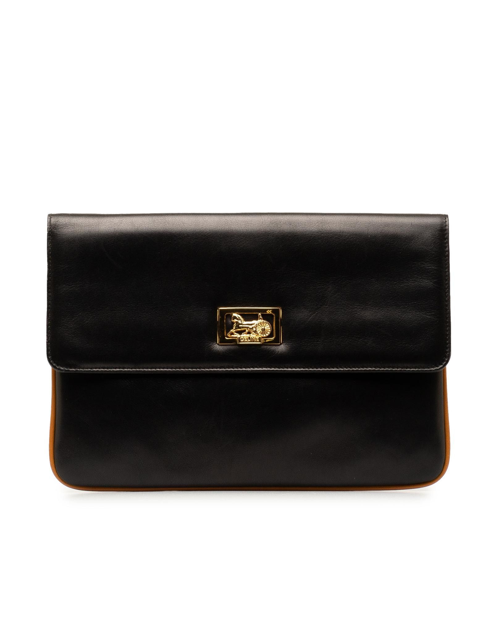image of Celine Leather Flap Clutch Bag in Black, Women's