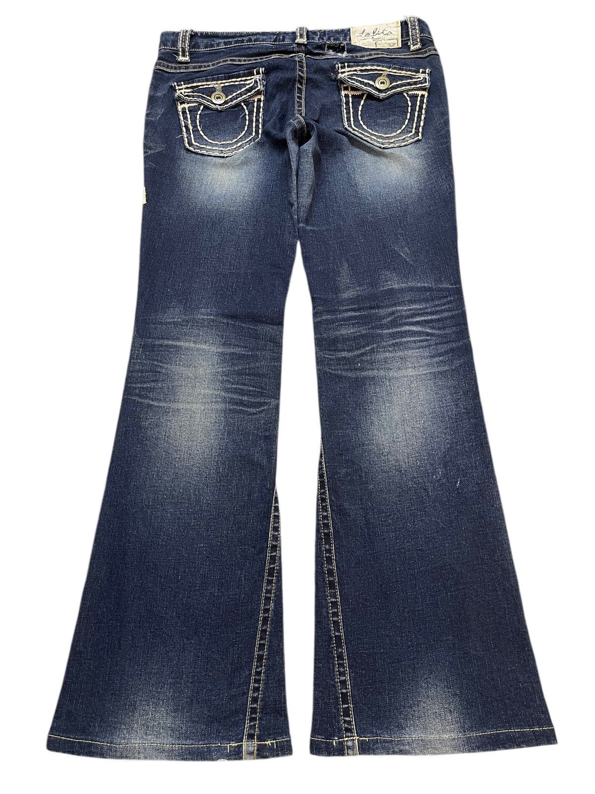 If Six Was Nine Vintage Y2K Lolita Faded Wash Whiskers Spiral Wide Leg Flare Size US 33 - 2 Thumbnail