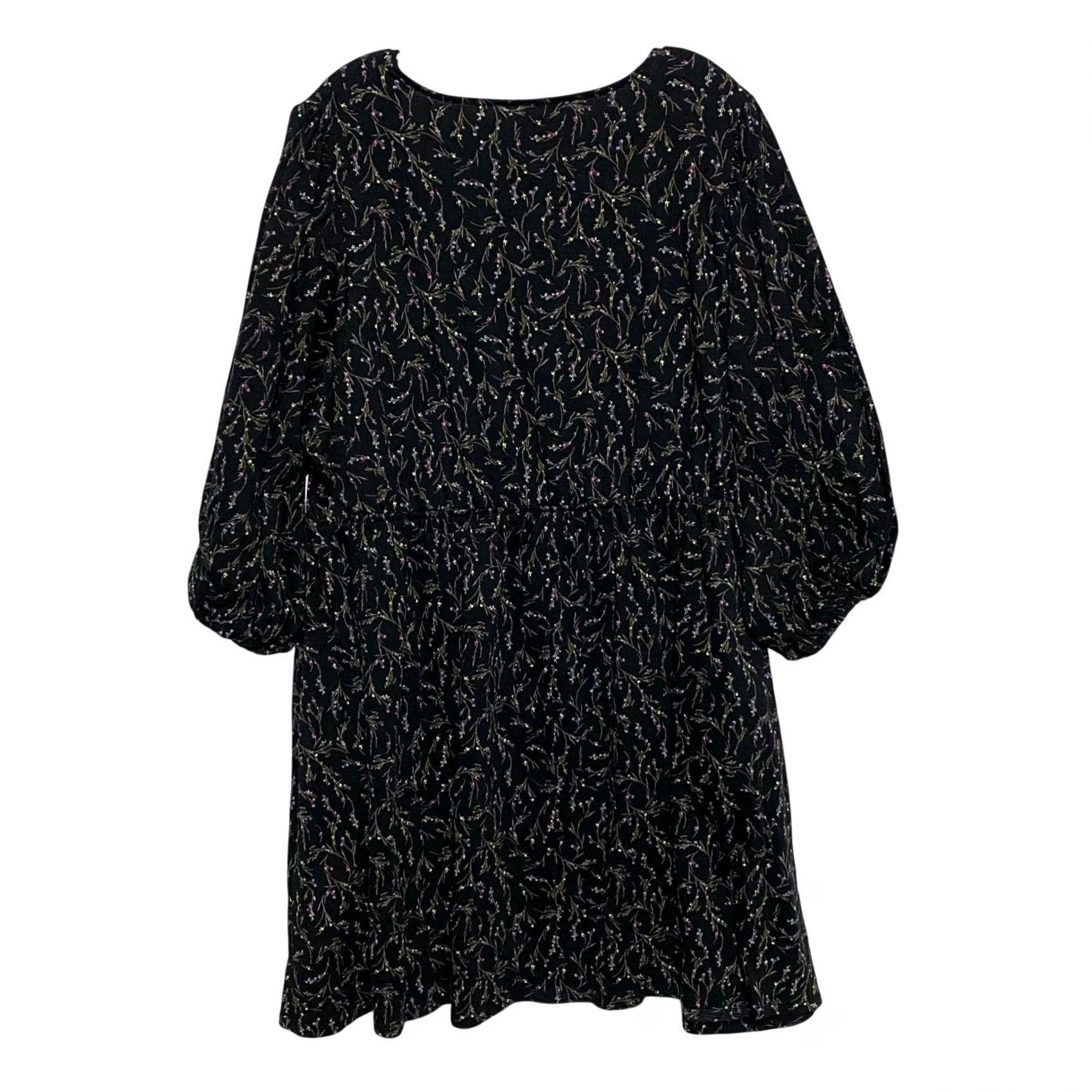Vintage Ava Viv Black Floral Dress 2X Balloon Sleeve Boho Whimsigoth Cottage Dark Fairy - 3/4 Sleeve, Pockets, A-Line, Polyester Spandex - Womens, Short Dress Size XXL / US 16-18 / IT 52-54 - 3 Thumbnail