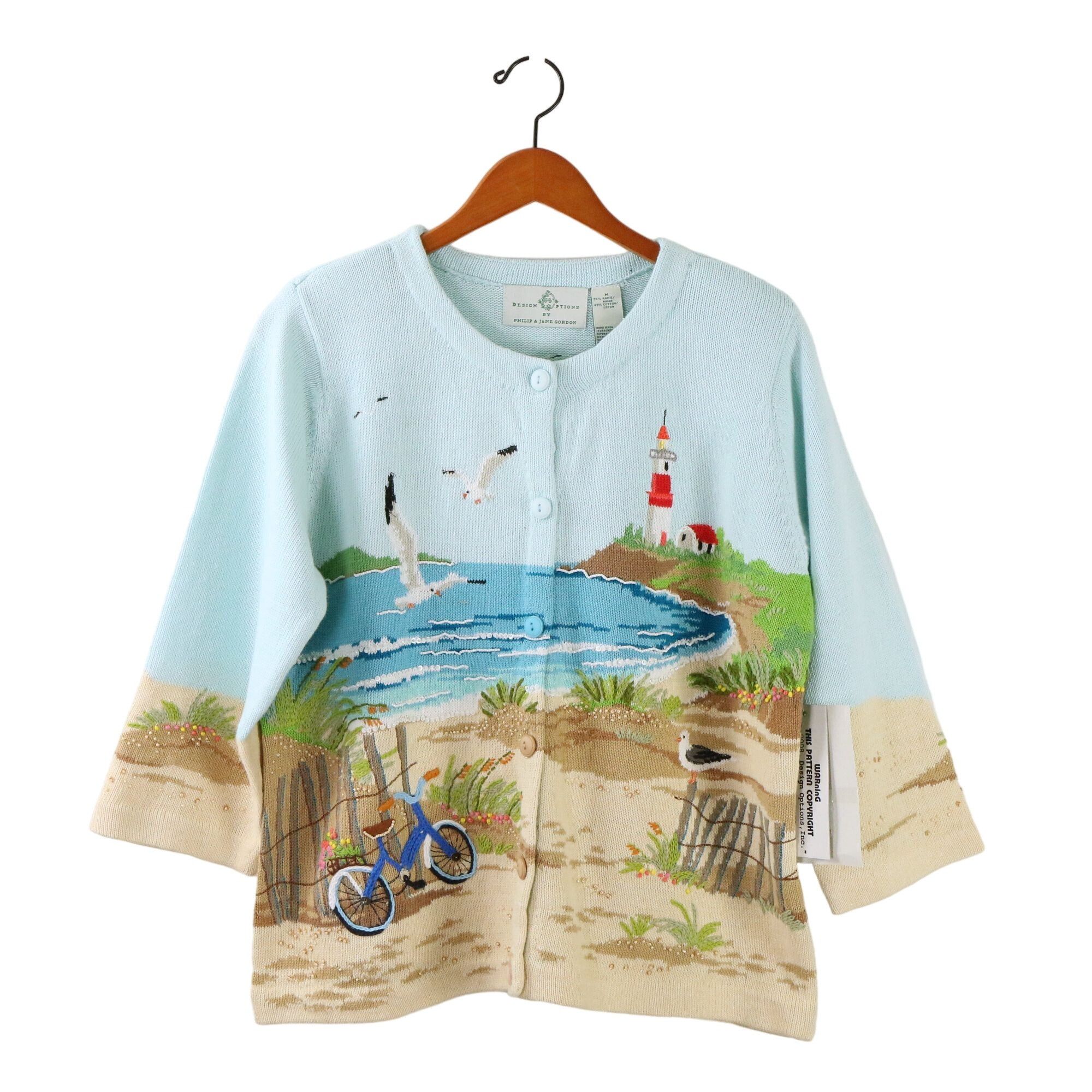 image of NWT Design Options Beach Summer Landscape Lighthouse Cardiga in Blue, Women's (Size Medium)