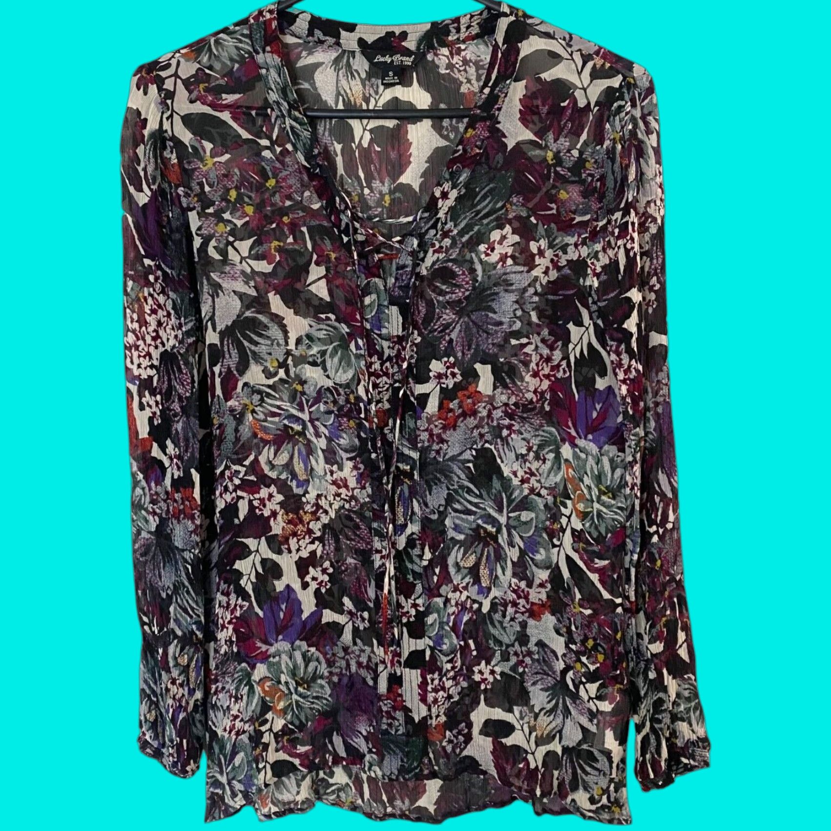 Lucky Brand Lucky Brand Blouse Women S Purple Floral Boho Peasant Tie-Up Sheer Rayon 100% Women Size S / US 4 / IT 40 - 1 Thumbnail