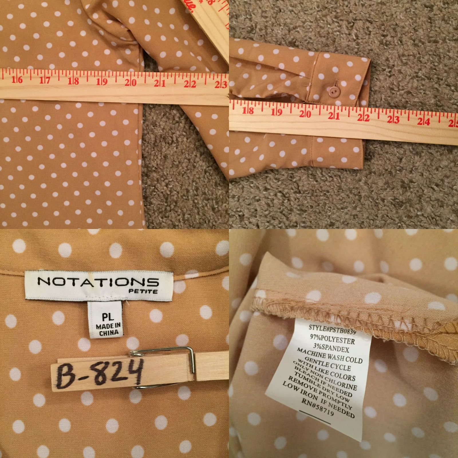 Vintage Notations Petite Womens PL Beige Polka Dot Roll Tab Sleeve Button Front Shirt Size L / US 10 / IT 46 - 8 Thumbnail