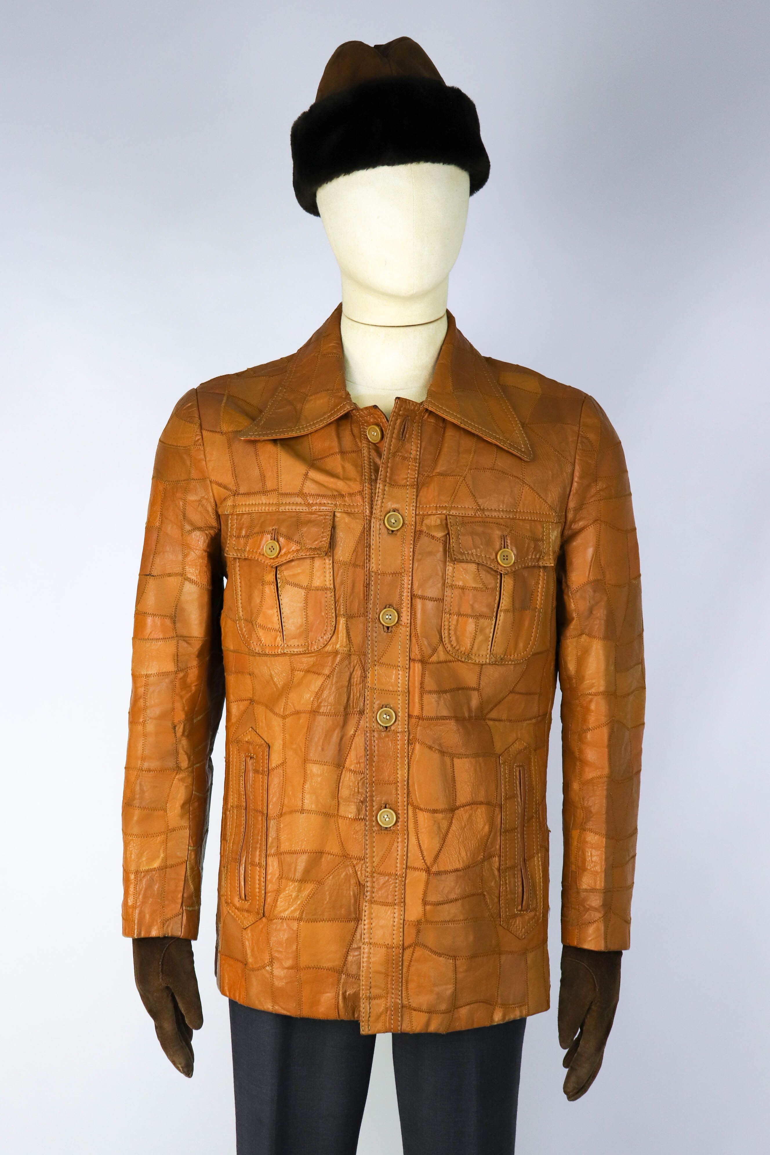 Vintage 70-80s Vintage Korean Caramel Tan Patchwork Leather Jacket Size US L / EU 52-54 / 3 - 1 Thumbnail