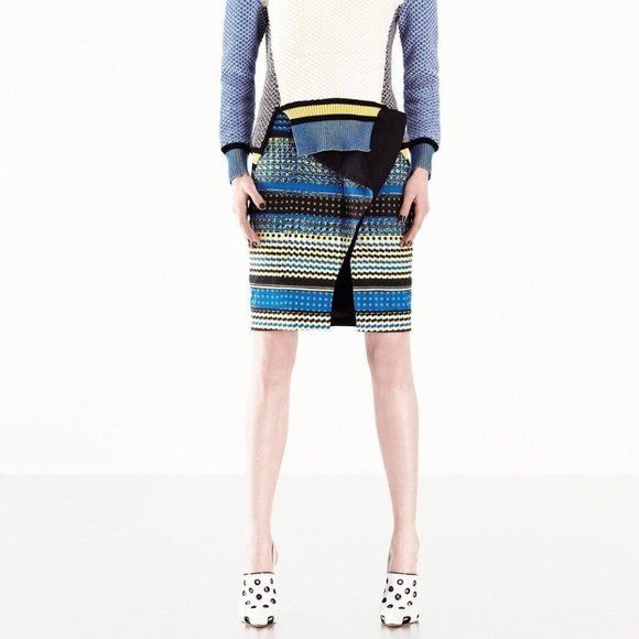 image of Prabal Gurung Blue Black Yellow Layered Front Patterned Penc, Women's (Size 26)