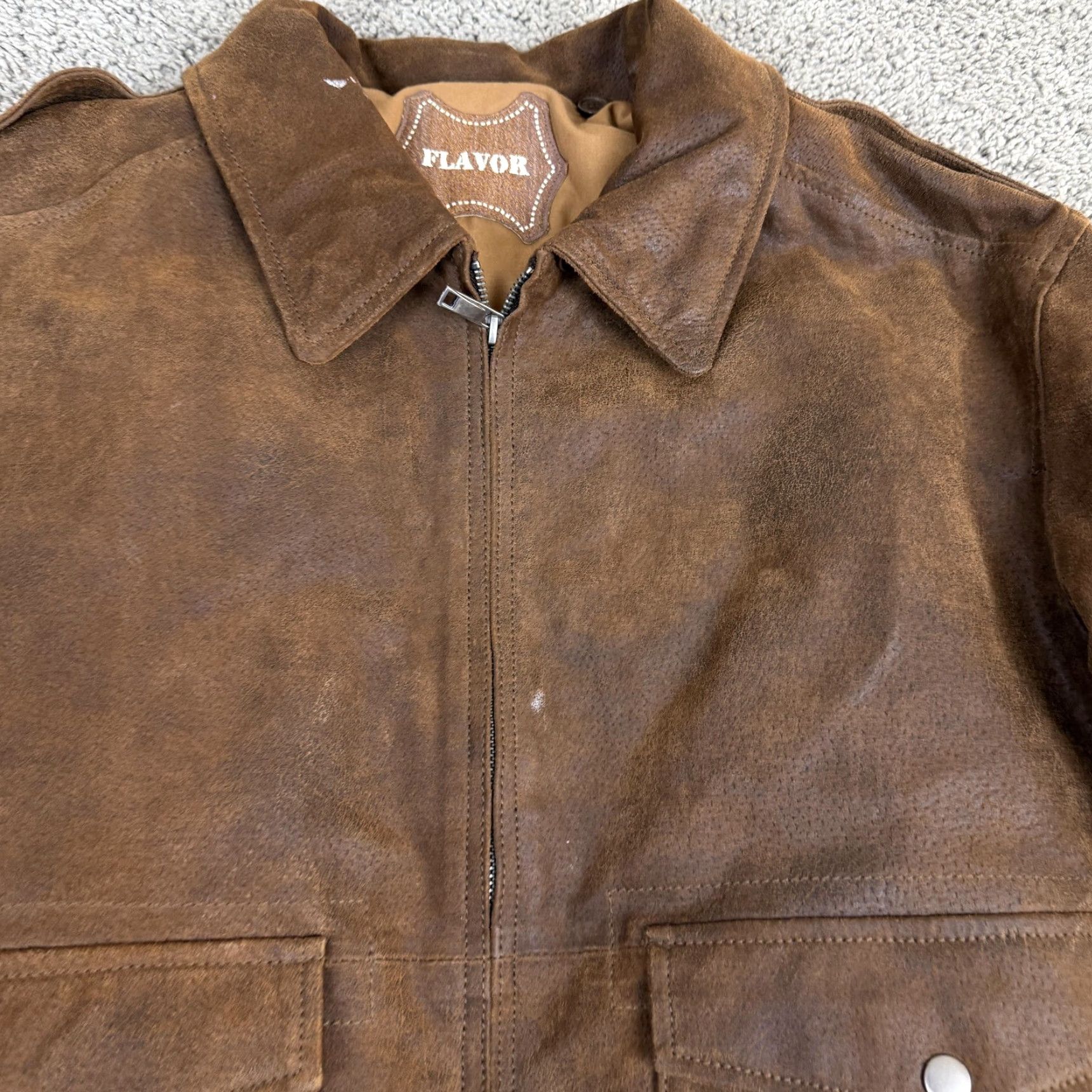 Vintage FLAVOR Jacket Mens Medium Brown Leather Bomber USA Flag Lined Full Zip Ribbed Size US M / EU 48-50 / 2 - 4 Thumbnail