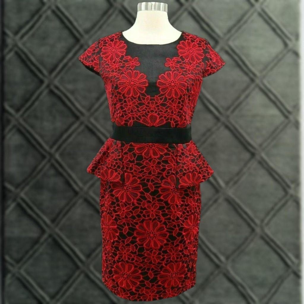 VINTAGE Karen Millen Peplum Sheath Dress Womens US8 UK12 Black Red Floral  Embroidery
