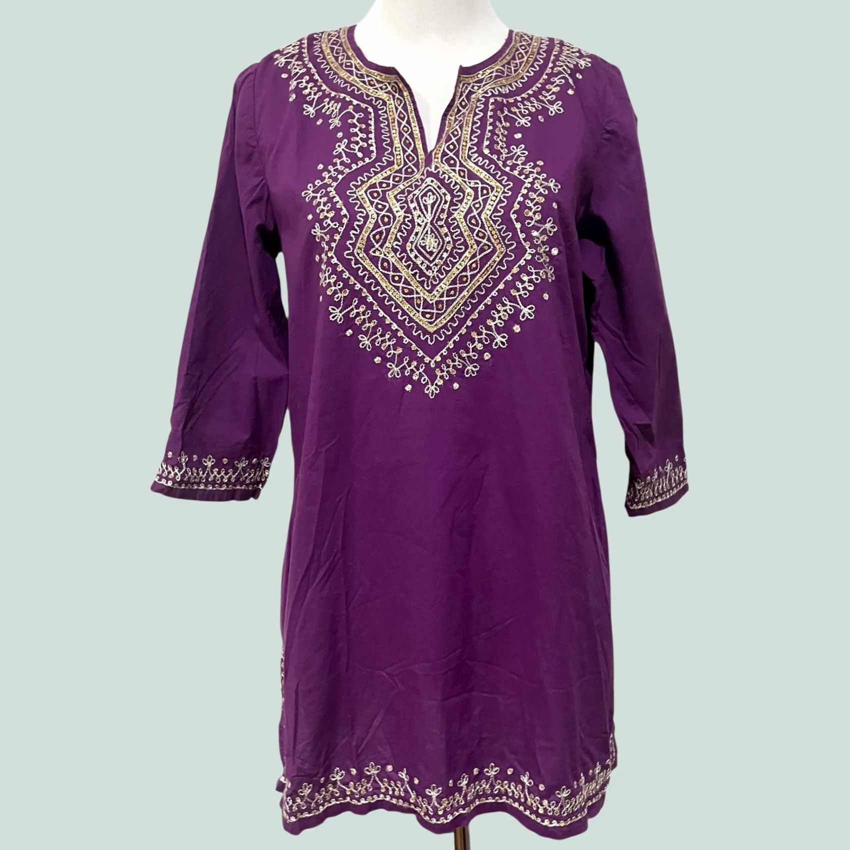 Vintage Chicos Womens L (2) Purple Embroidered Tunic Shirt Lightweight Cotton Blouse Side Slits Size L / US 10 / IT 46 - 1 Thumbnail