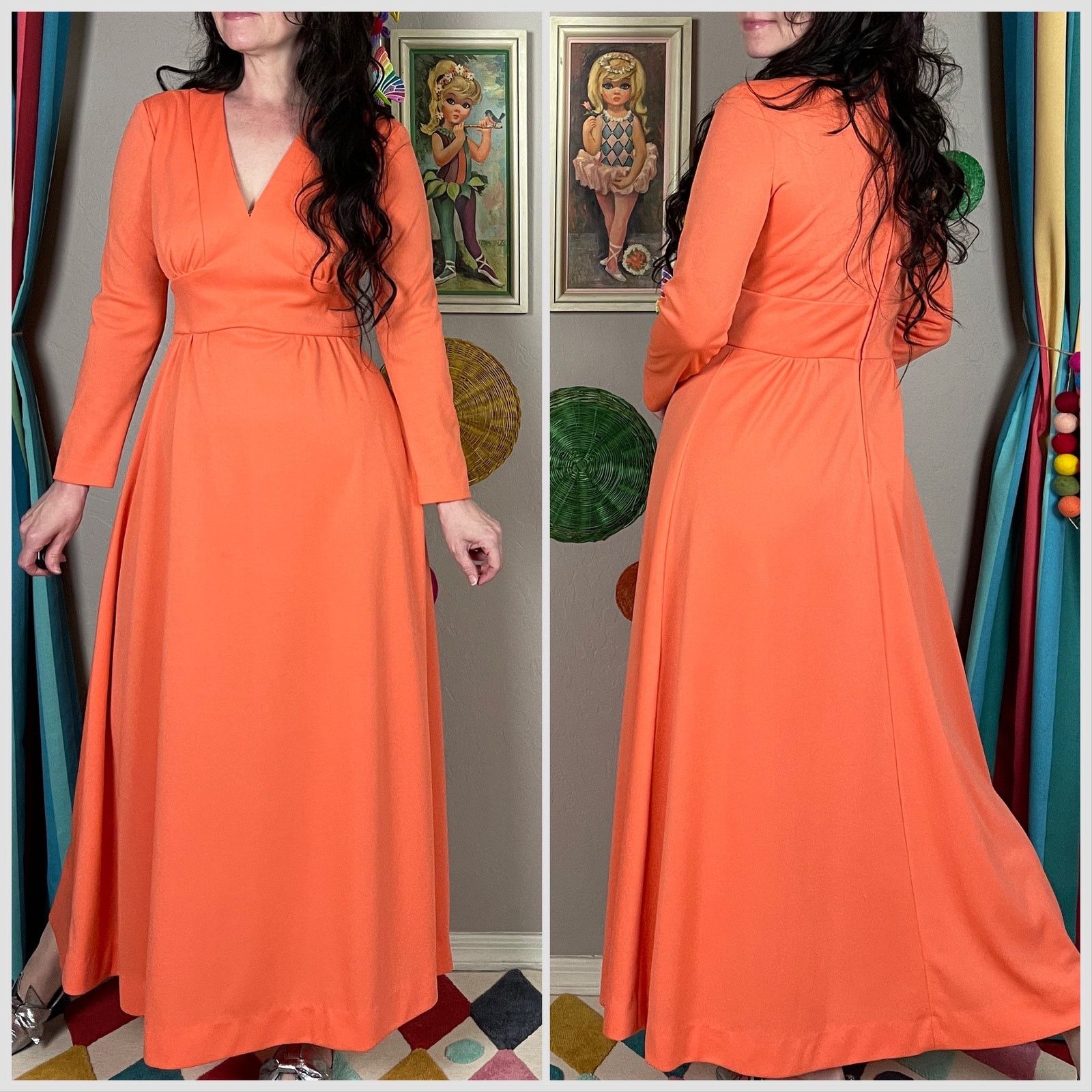 Vintage 1970s Tangerine Orange Long Sleeve Empire Waist Maxi Dress Size S / US 4 / IT 40 - 3 Thumbnail
