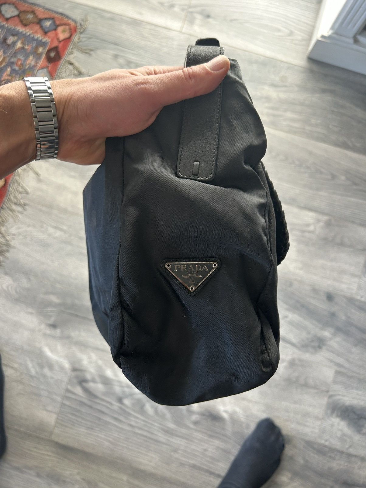 Prada Black Nylon and Leather Shoulder Bag with Studded Pocket Size ONE SIZE - 5 Thumbnail