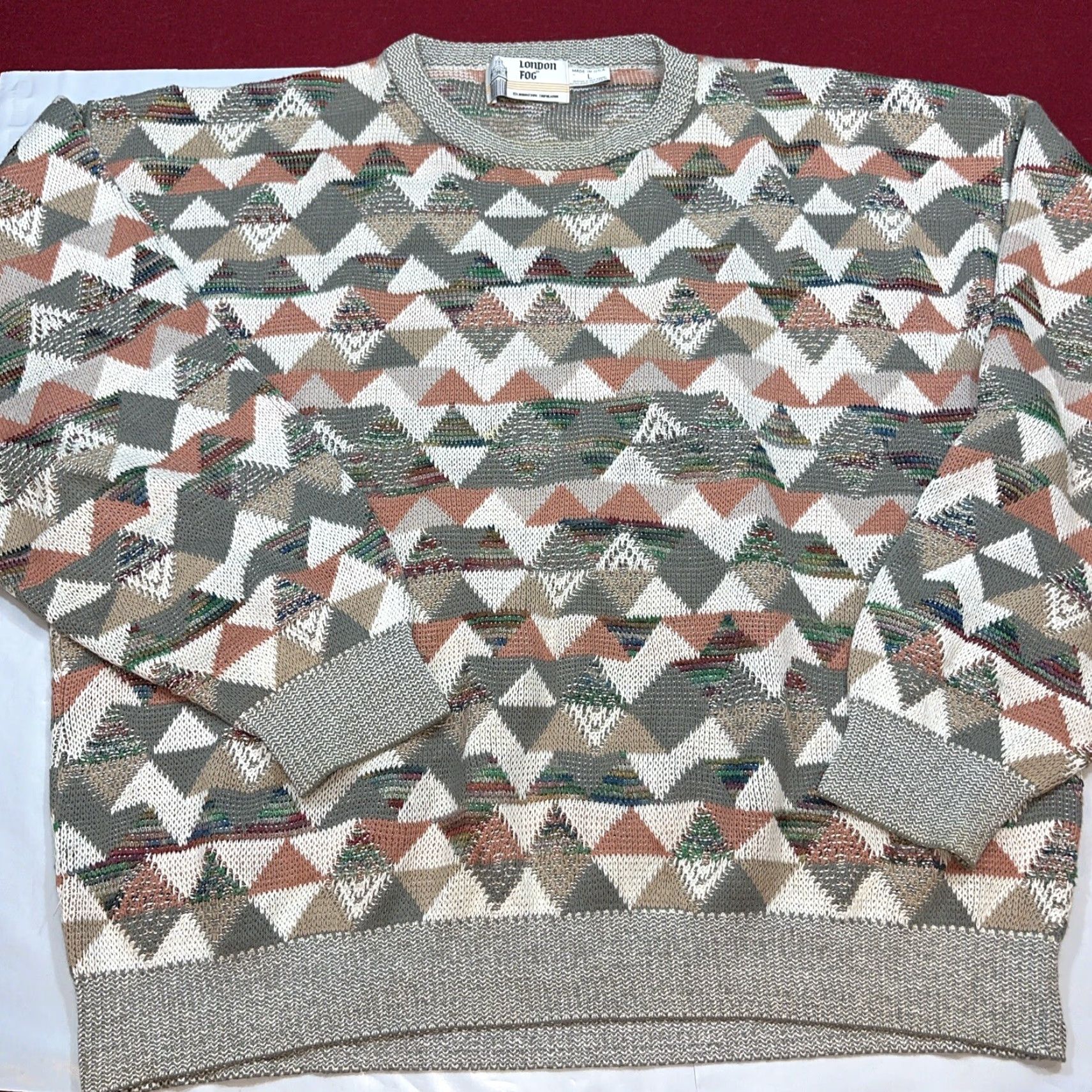 London Fog VINTAGE London Fog Sweater Geometric 90s Gray Beige Tan Triangles Knit L Mens Size US L / EU 52-54 / 3 - 2 Thumbnail