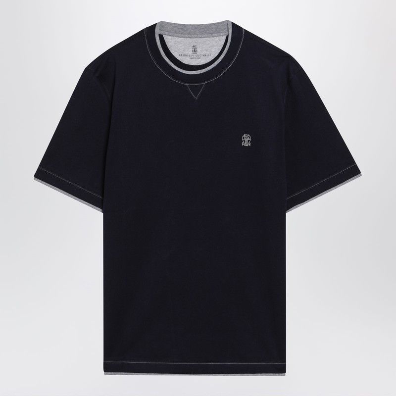 Brunello Cucinelli Navy Blue T-Shirt With Faux Layering