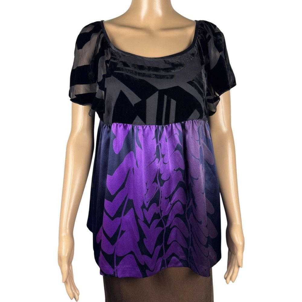 Anthropologie MINT Jodi Arnold Silk Short Sleeve Black Purple Geometric P Size M / US 6-8 / IT 42-44 - 2 Thumbnail