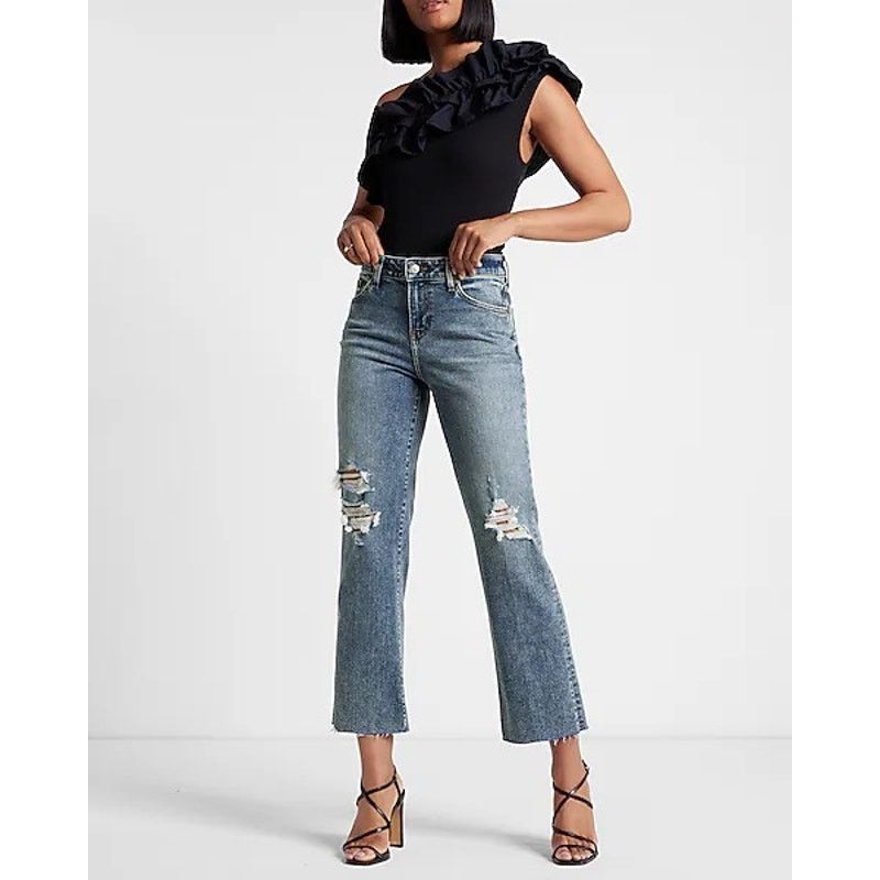 Express EXPRESS Ripped Mid Rise 90s Ankle Boot Jeans Womens 14 14R Size 36" / US 14 / IT 50 - 7 Thumbnail