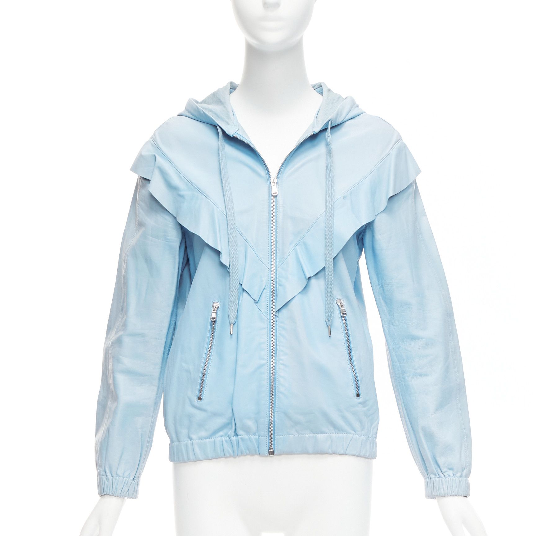 RED Valentino RED VALENTINO powder blue lambskin leather ruffle panel hoodie jacket IT40 S Size S / US 4 / IT 40 - 1 Thumbnail