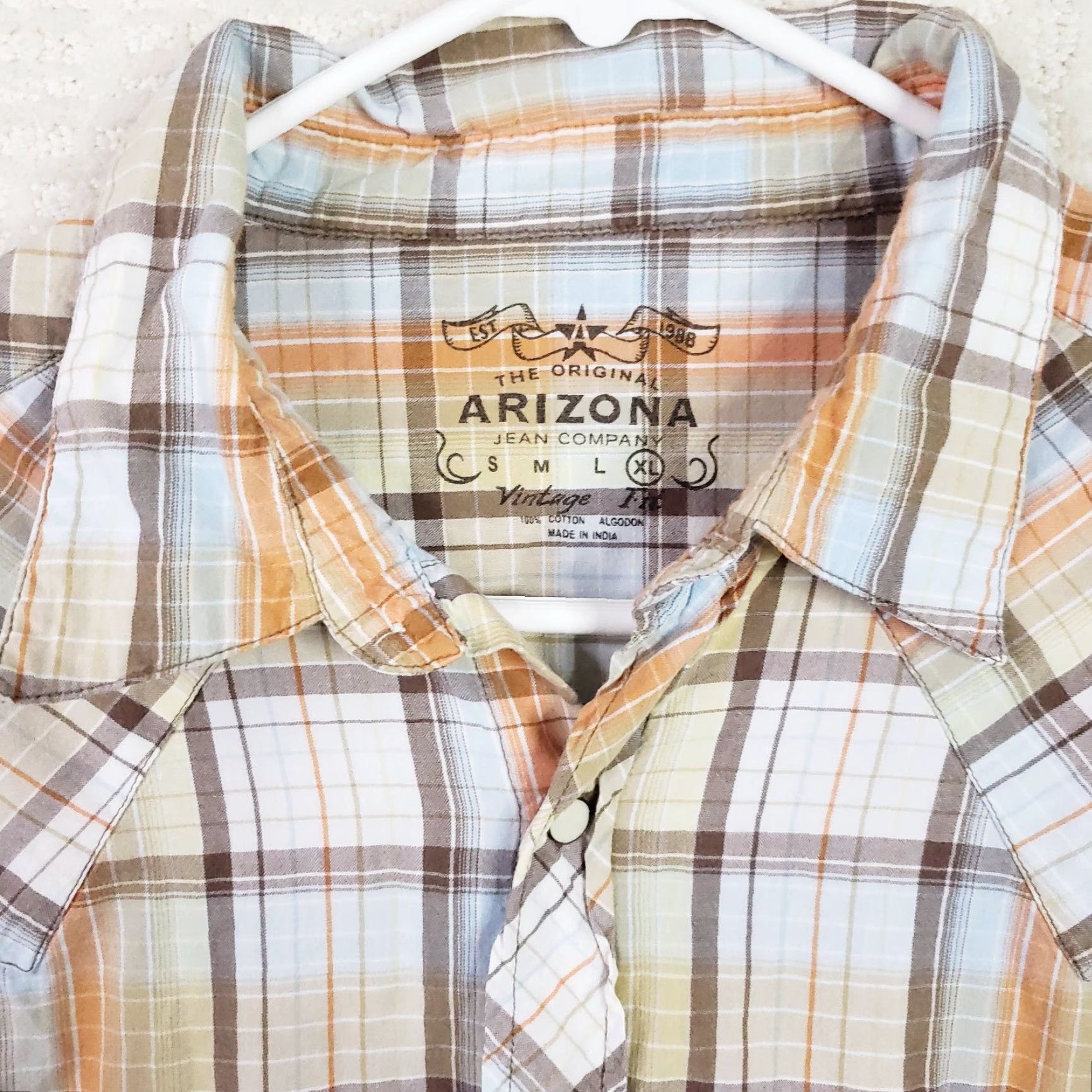 Vintage Mens AriZona Western Plaid Snap Shirt Short Sleeve XL Orange White Brown Size US XL / EU 56 / 4 - 5 Thumbnail