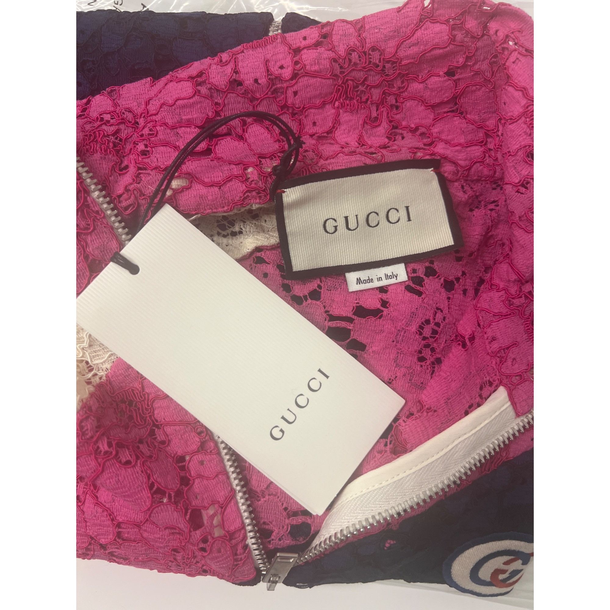 Gucci Gucci Lace Bomber Jacket Pink Navy Cream Zip-Up Logo Patch Size S / US 4 / IT 40 - 9 Thumbnail
