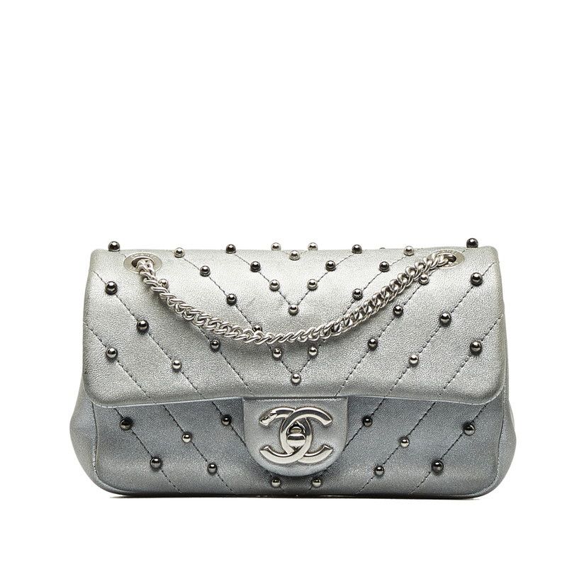 image of Chanel Cc Chevron Studded Leather Flap Bag in Silver, Women's