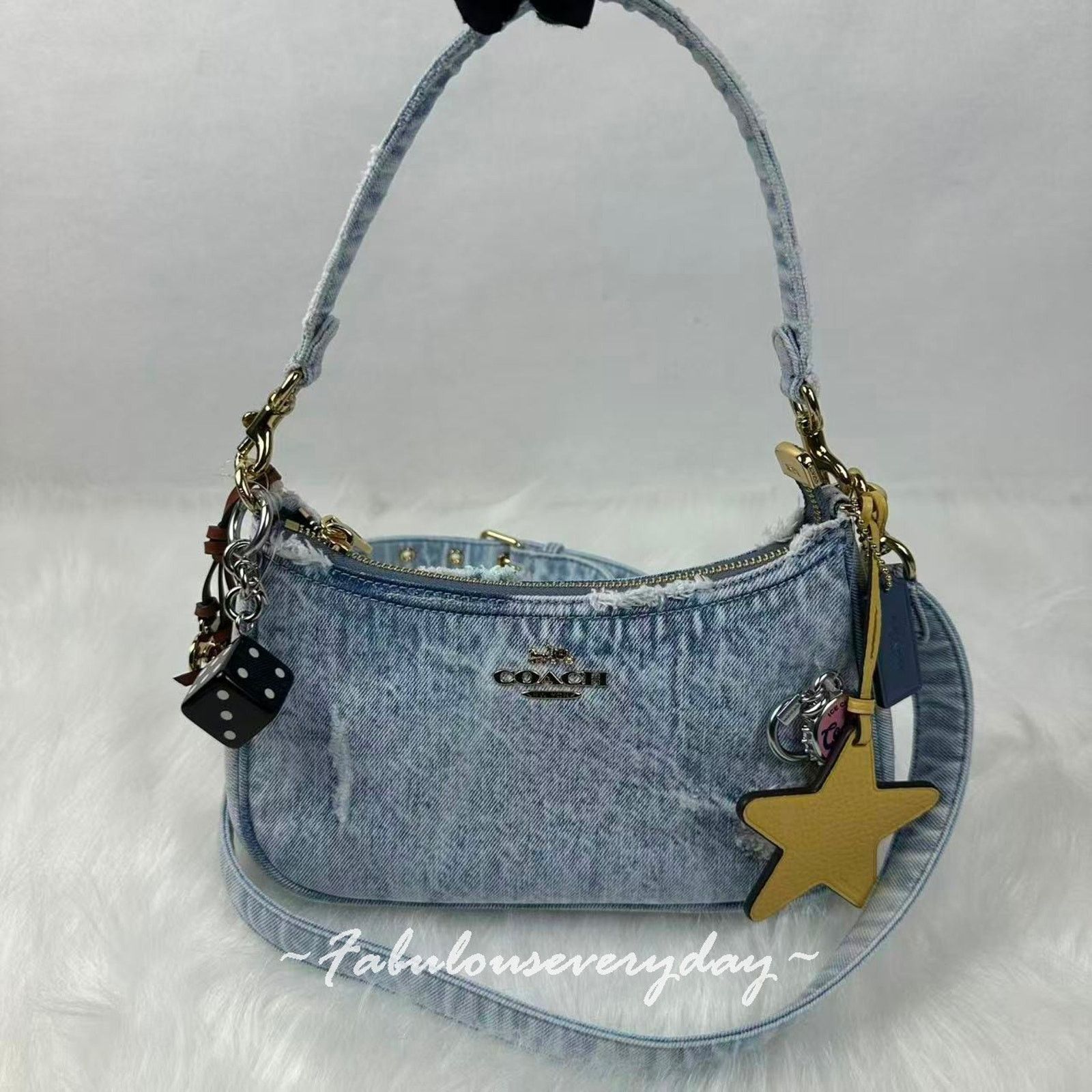 Coach Teri Shoulder Loved Denim Charms Gold/Light Indigo