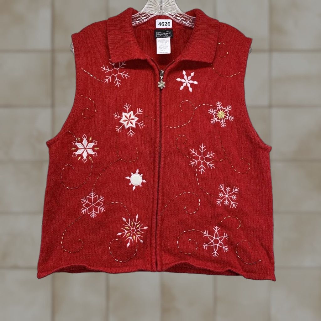 Vintage VINTAGE Southern Lady Womens Vest Sweater Geometric Snowflake Zipper Holiday Christmas Red L Adult Large Womens Size L / US 10 / IT 46 - 1 Thumbnail