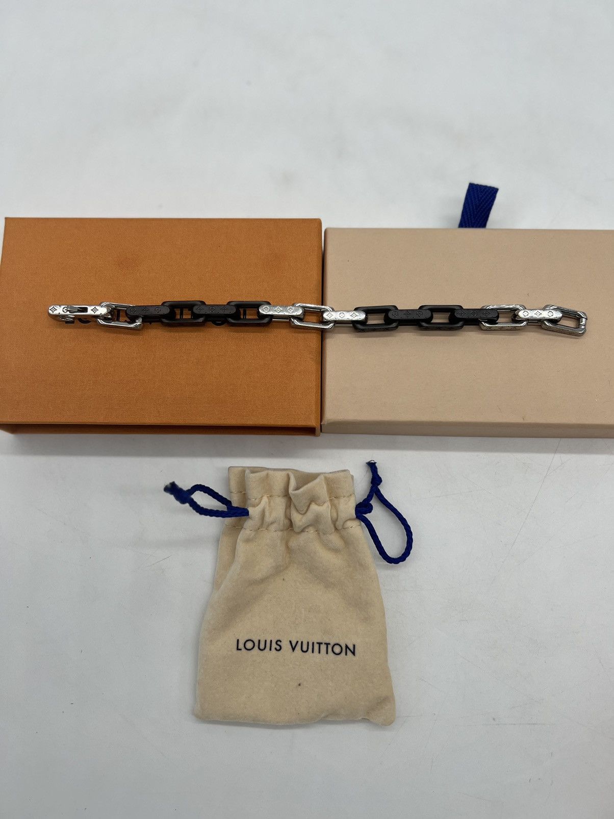 image of New Louis Vuitton Monogram Chain Bracelet Silver Black Lv, Men's