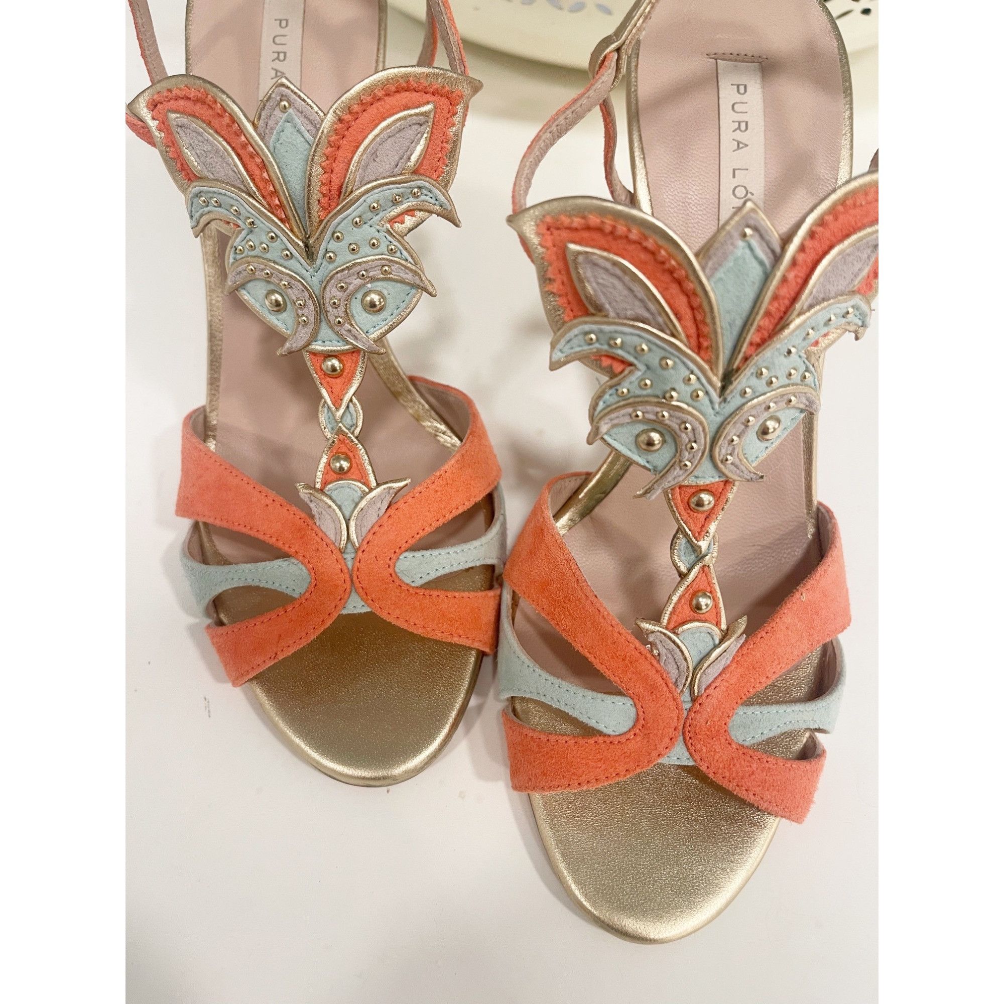 Other Pura Lopez Coral & Mint Leather & Suede Strappy Heels With G Size US 7.5 / IT 37.5 - 1 Thumbnail