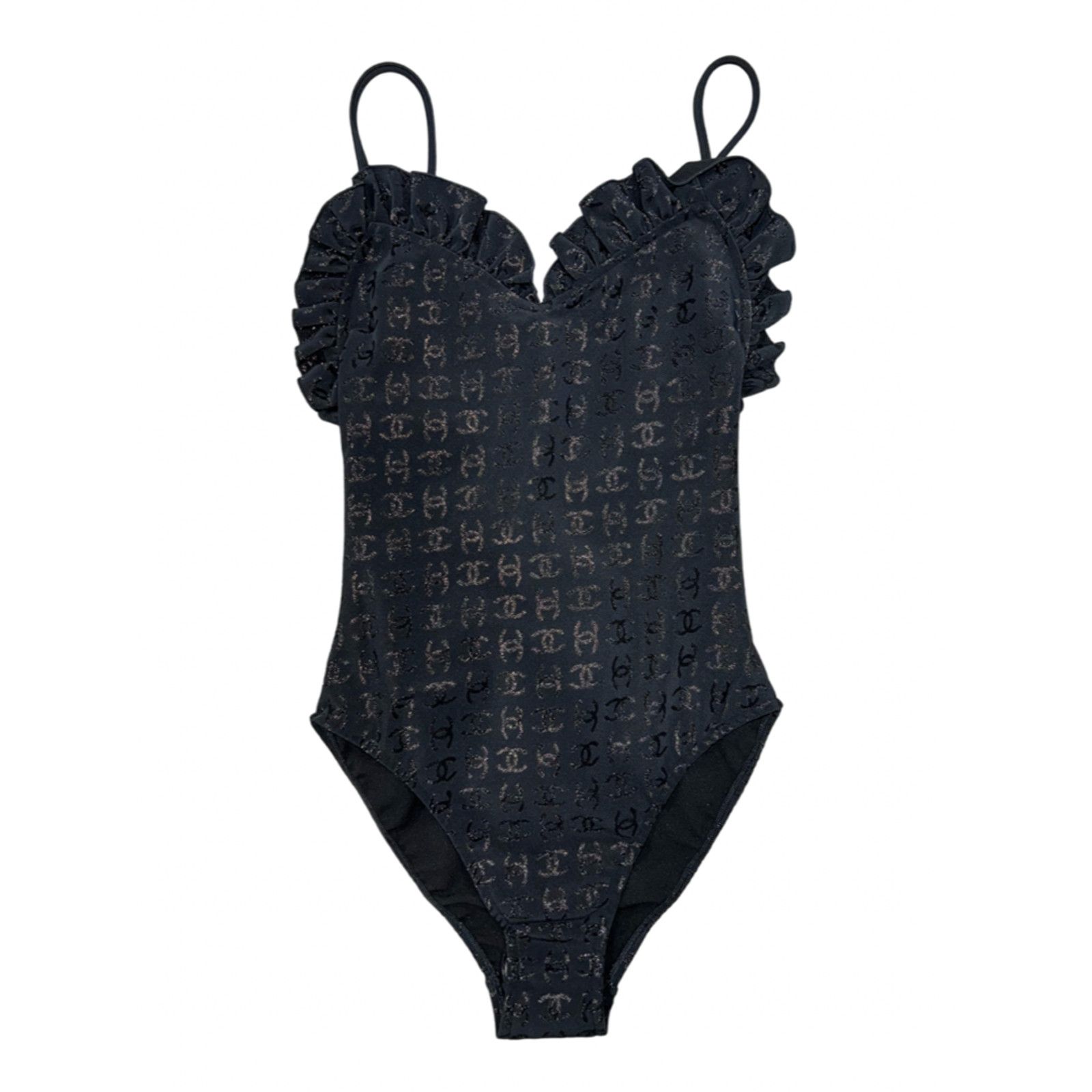 Chanel 23S Black Ruffle CC Logo One Piece Swim Swimsuit 36